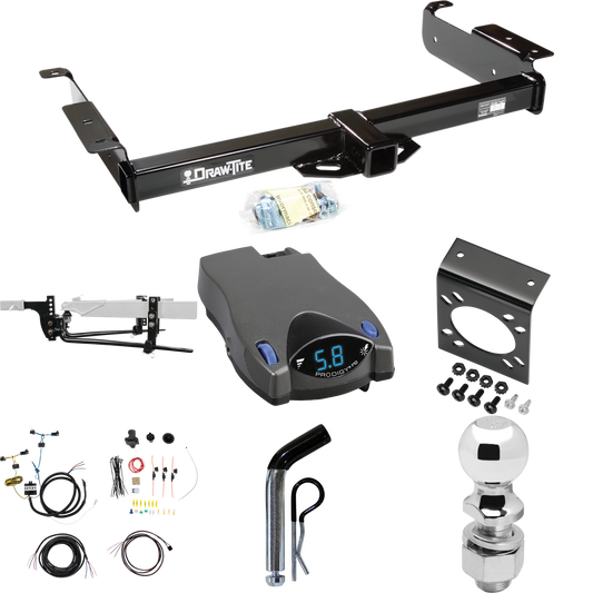 Fits 2003-2023 Chevrolet Express 3500 Trailer Hitch Tow PKG w/ 8K Round Bar Weight Distribution Hitch w/ 2-5/16" Ball + 2" Ball + Pin/Clip + Tekonsha Prodigy P2 Brake Control + 7-Way RV Wiring By Draw-Tite