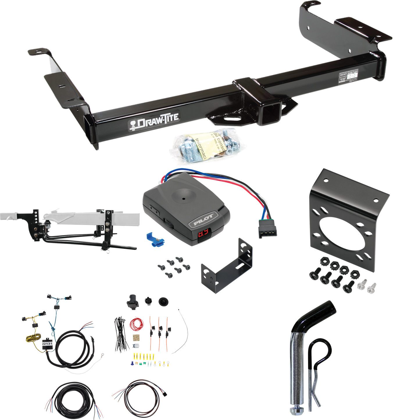 Fits 2003-2023 Chevrolet Express 3500 Trailer Hitch Tow PKG w/ 8K Round Bar Weight Distribution Hitch w/ 2-5/16" Ball + Pin/Clip + Pro Series Pilot Brake Control + 7-Way RV Wiring By Draw-Tite