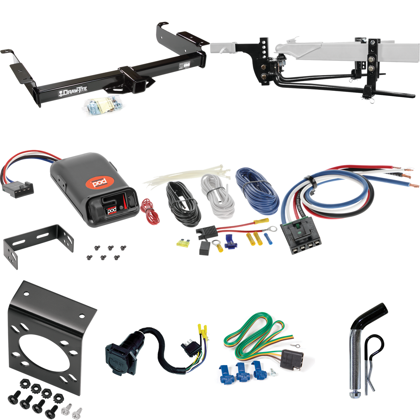 Fits 1996-1999 Chevrolet Express 1500 Trailer Hitch Tow PKG w/ 8K Round Bar Weight Distribution Hitch w/ 2-5/16" Ball + Pin/Clip + Pro Series POD Brake Control + Generic BC Wiring Adapter + 7-Way RV Wiring By Draw-Tite