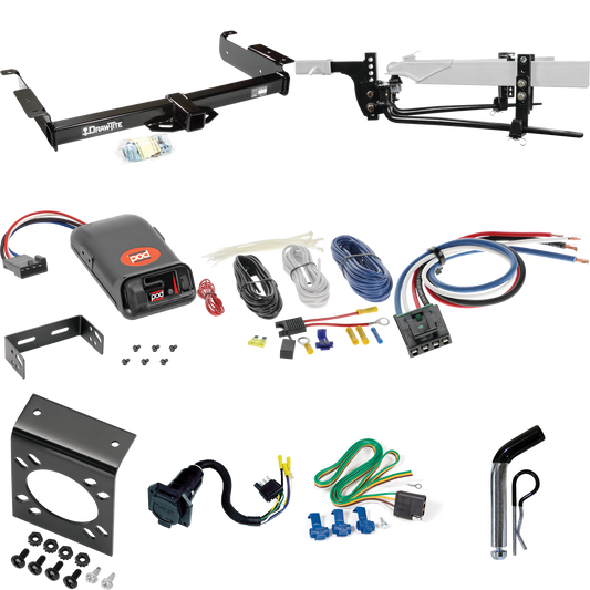 Fits 1996-1999 Chevrolet Express 1500 Trailer Hitch Tow PKG w/ 8K Round Bar Weight Distribution Hitch w/ 2-5/16" Ball + Pin/Clip + Pro Series POD Brake Control + Generic BC Wiring Adapter + 7-Way RV Wiring By Draw-Tite