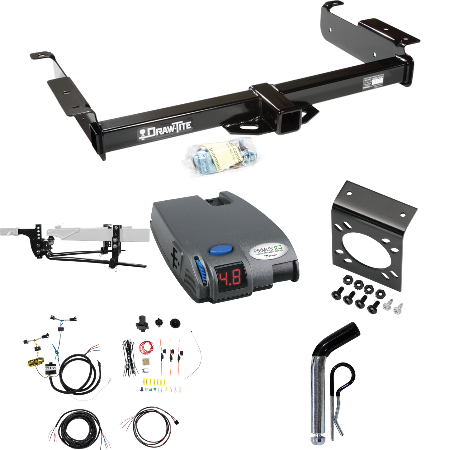 Fits 2003-2014 GMC Savana 1500 Trailer Hitch Tow PKG w/ 8K Round Bar Weight Distribution Hitch w/ 2-5/16" Ball + Pin/Clip + Tekonsha Primus IQ Brake Control + 7-Way RV Wiring By Draw-Tite