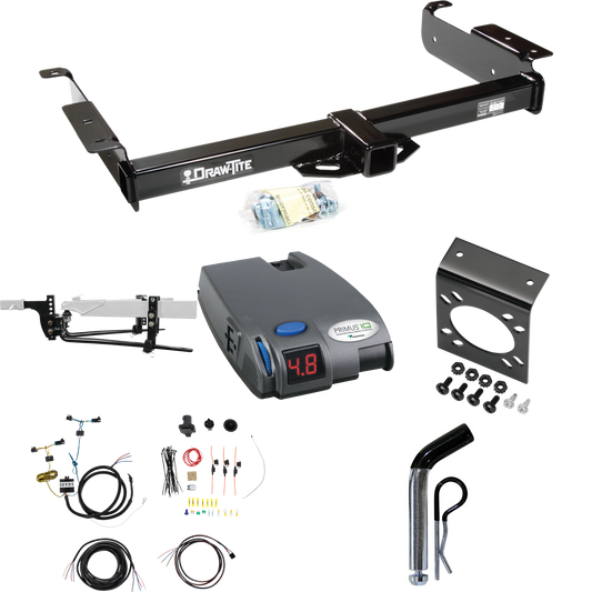 Fits 2003-2014 GMC Savana 1500 Trailer Hitch Tow PKG w/ 8K Round Bar Weight Distribution Hitch w/ 2-5/16" Ball + Pin/Clip + Tekonsha Primus IQ Brake Control + 7-Way RV Wiring By Draw-Tite