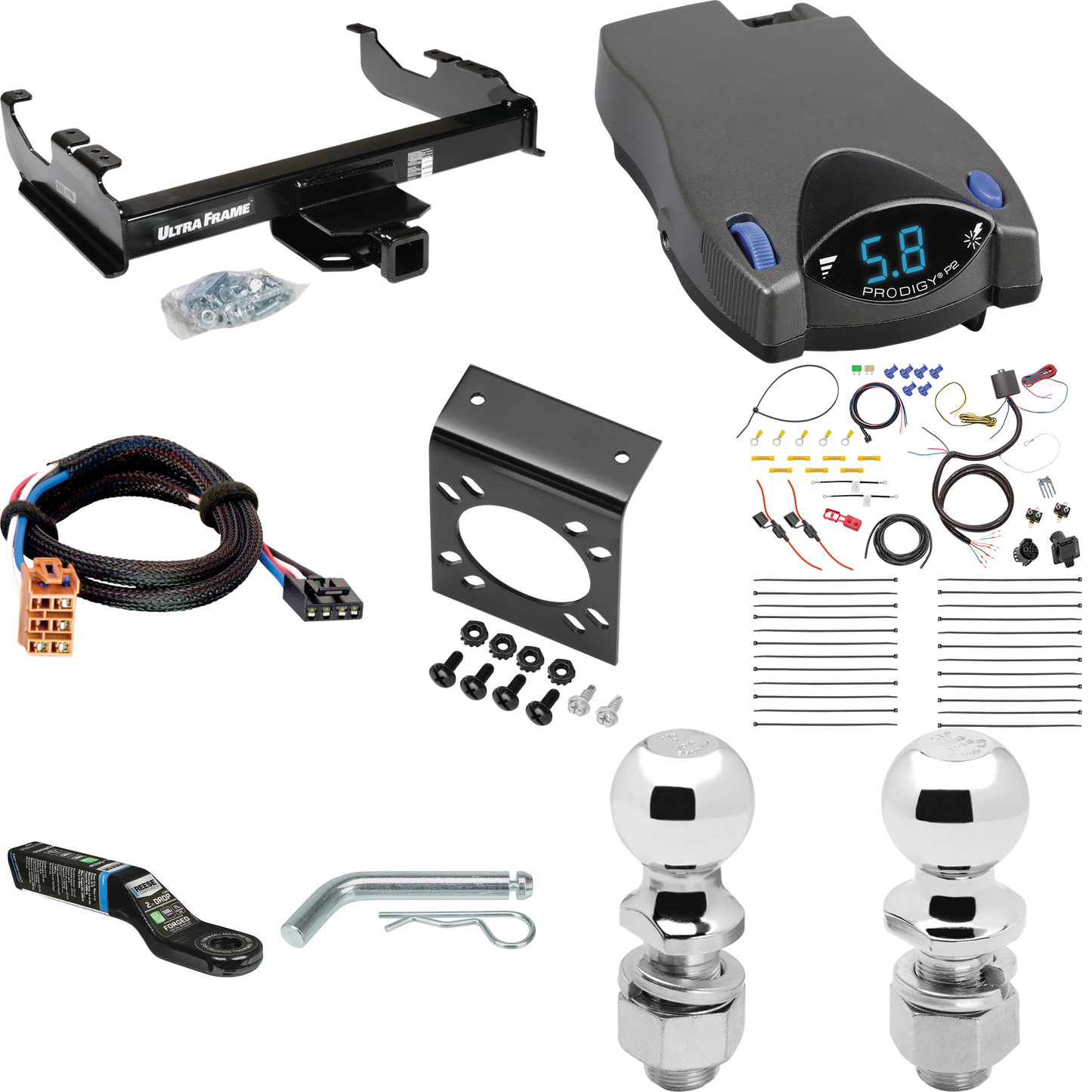 Fits 2003-2007 Chevrolet Silverado 3500 Trailer Hitch Tow PKG w/ Tekonsha Prodigy P2 Brake Control + Plug & Play BC Adapter + 7-Way RV Wiring + 2" & 2-5/16" Ball & Drop Mount (For (Classic), Cab & Chassis, w/34" Wide Frames Models) By Draw-Tite