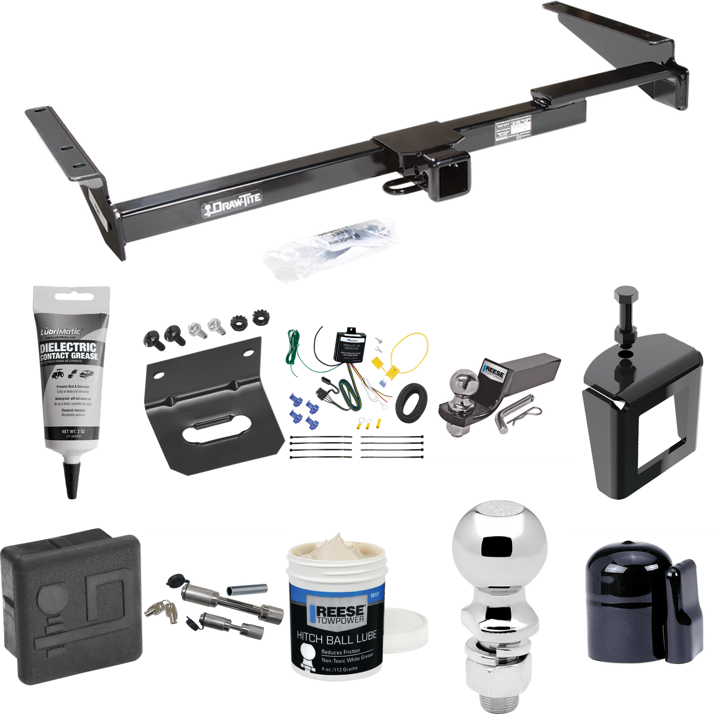 Fits 1999-2000 Lexus RX300 Trailer Hitch Tow PKG w/ 4-Flat Wiring + Starter Kit Ball Mount w/ 2" Drop & 2" Ball + 2-5/16" Ball + Wiring Bracket + Dual Hitch & Coupler Locks + Hitch Cover + Wiring Tester + Ball Lube +Electric Grease + Ball Wrench + An