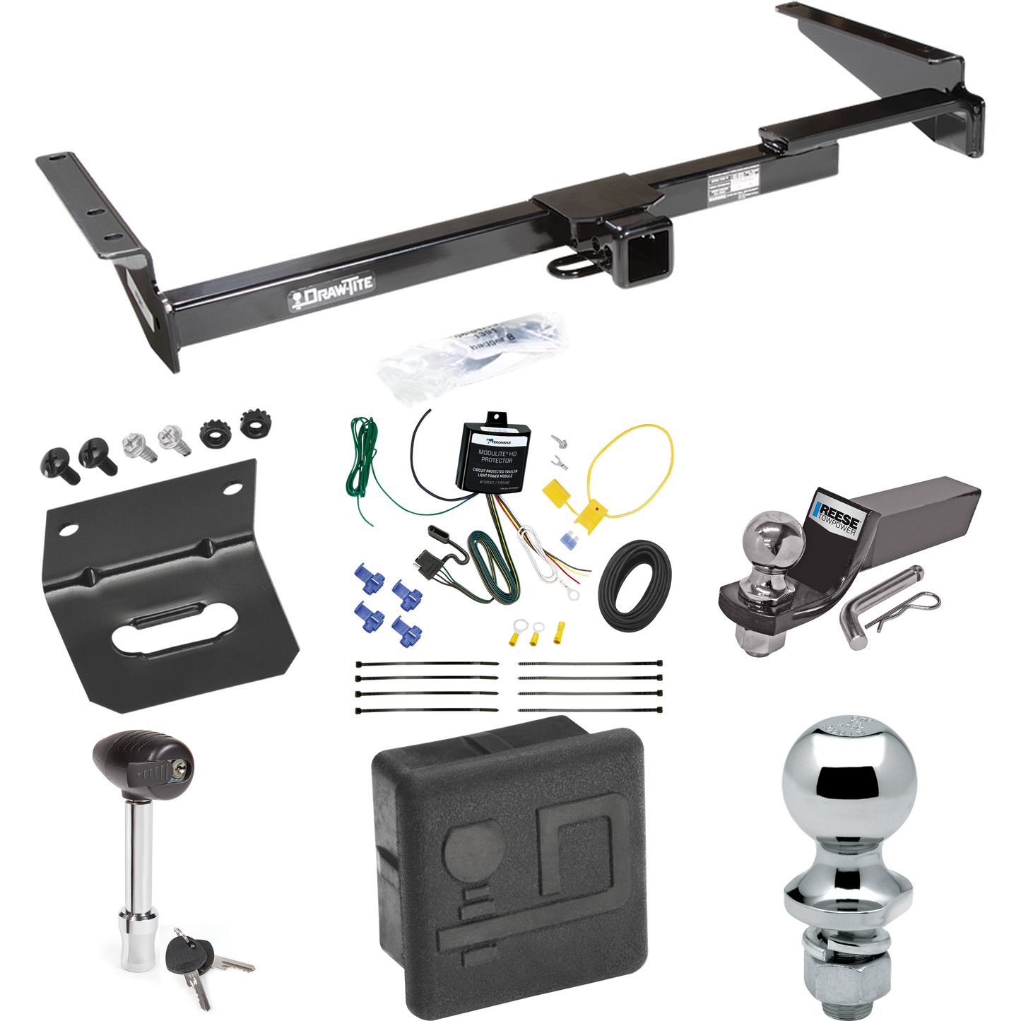 Fits 1999-2000 Lexus RX300 Trailer Hitch Tow PKG w/ 4-Flat Wiring + Starter Kit Ball Mount w/ 2" Drop & 2" Ball + 1-7/8" Ball + Wiring Bracket + Hitch Lock + Hitch Cover By Draw-Tite