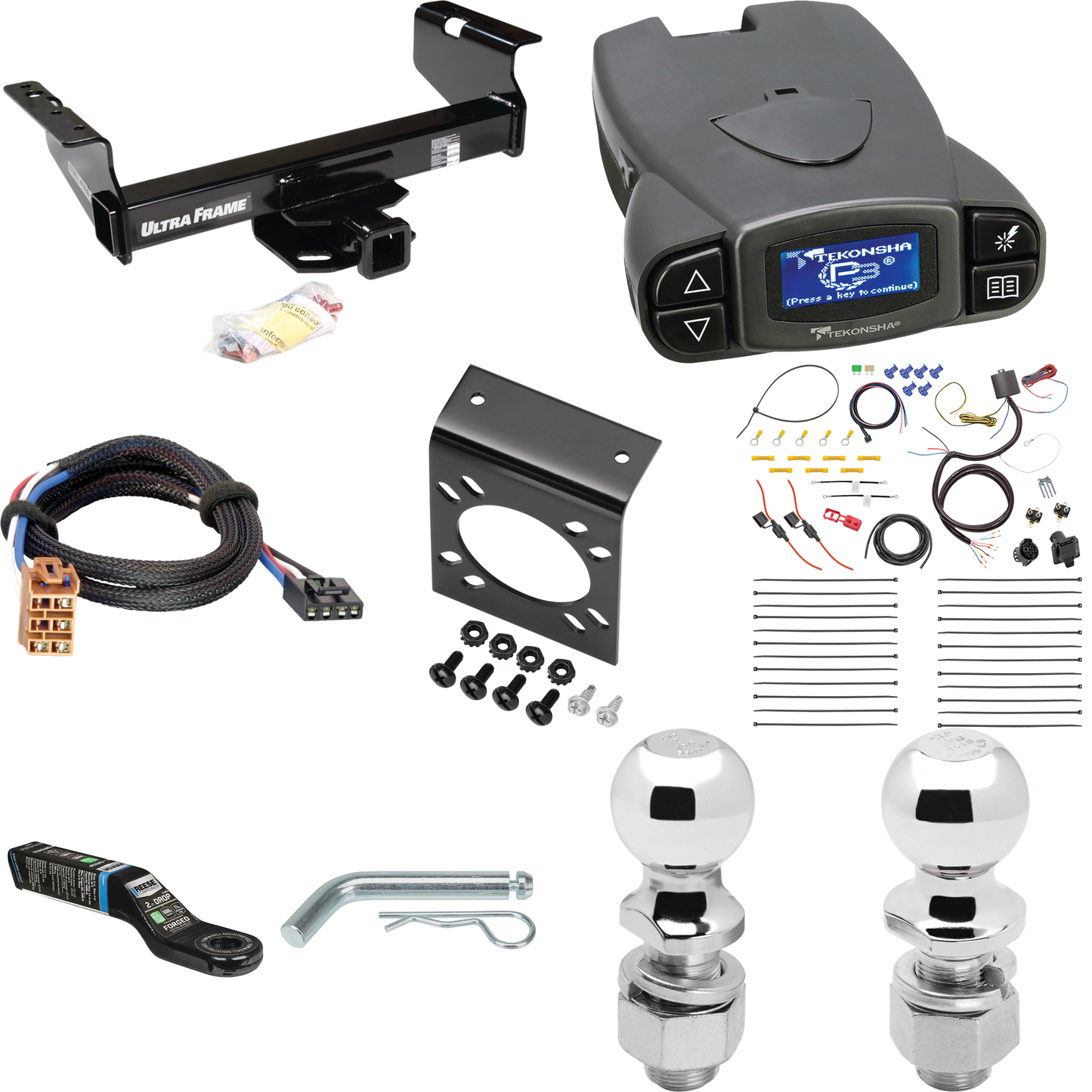 Fits 2001-2002 Chevrolet Silverado 3500 Trailer Hitch Tow PKG w/ Tekonsha Prodigy P3 Brake Control + Plug & Play BC Adapter + 7-Way RV Wiring + 2" & 2-5/16" Ball & Drop Mount (For (Classic), Cab & Chassis, w/34" Wide Frames Models) By Draw-Tite