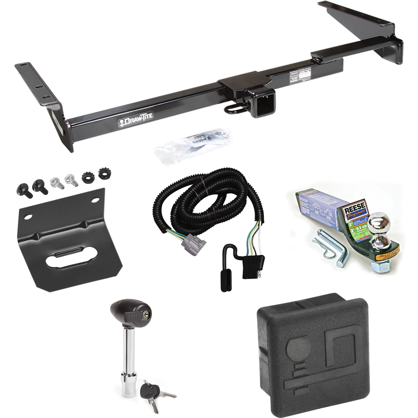 Fits 2001-2003 Toyota Highlander Trailer Hitch Tow PKG w/ 4-Flat Wiring + Starter Kit Ball Mount w/ 2" Drop & 1-7/8" Ball + Wiring Bracket + Hitch Lock + Hitch Cover By Draw-Tite