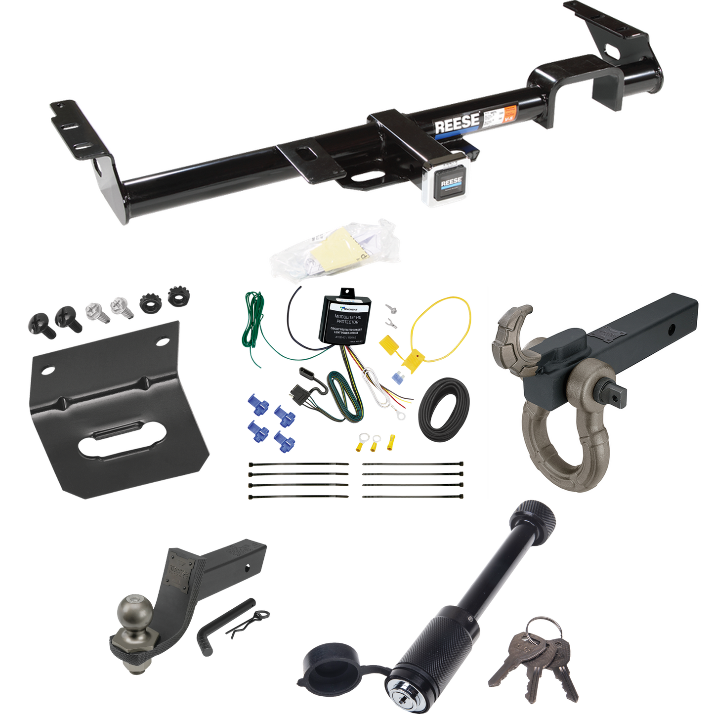 Fits 1999-2003 Lexus RX300 Trailer Hitch Tow PKG w/ 4-Flat Wiring + Interlock Tactical Starter Kit w/ 3-1/4" Drop & 2" Ball + Tactical Hook & Shackle Mount + Tactical Dogbone Lock + Wiring Bracket By Reese Towpower