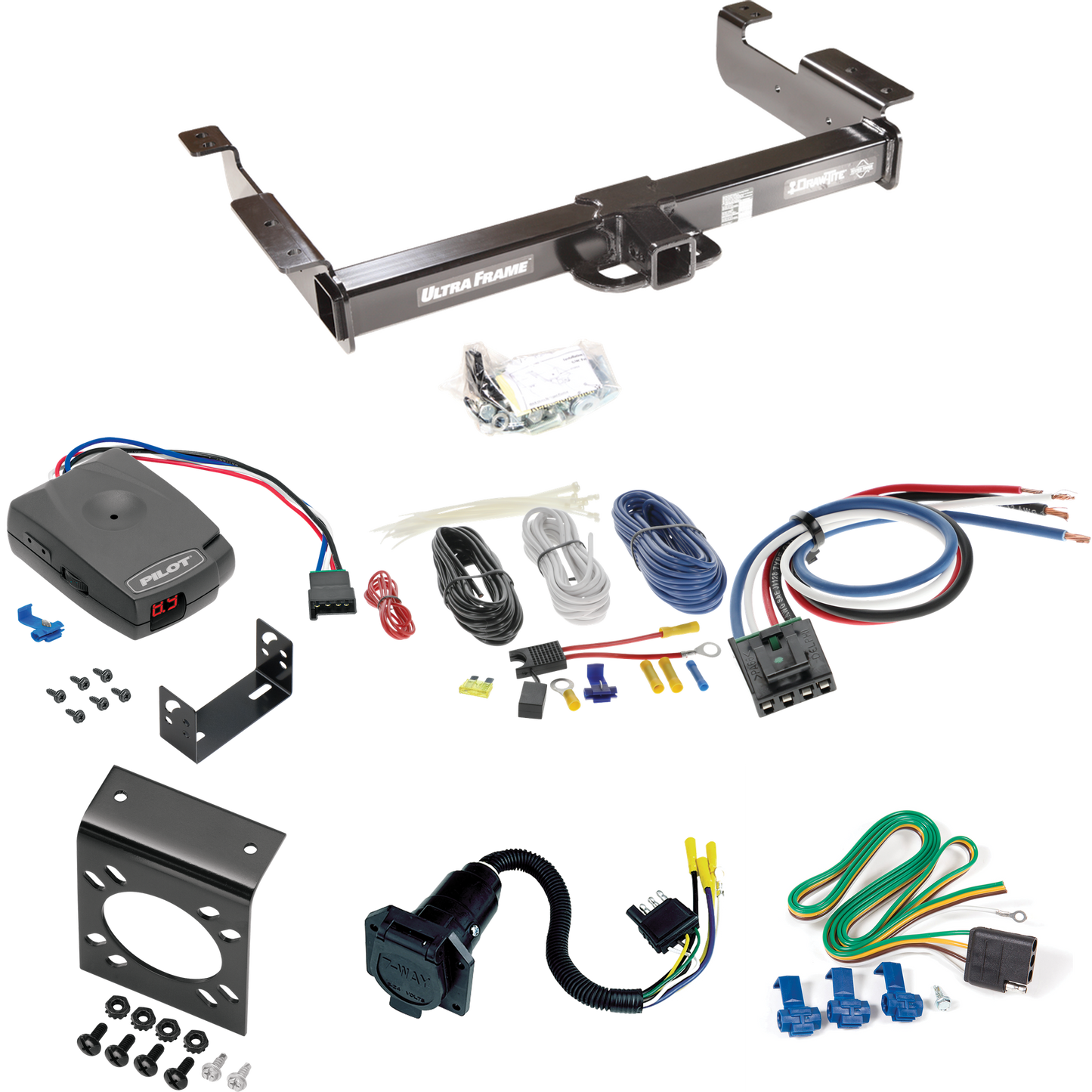 Fits 1996-1999 GMC Savana 3500 Trailer Hitch Tow PKG w/ Pro Series Pilot Brake Control + Generic BC Wiring Adapter + 7-Way RV Wiring By Draw-Tite