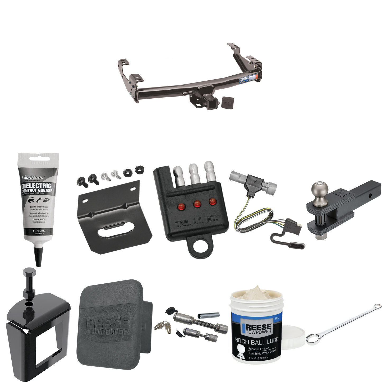 Fits 1987-1996 Ford F-250 Trailer Hitch Tow PKG w/ 4-Flat Wiring + Clevis Hitch Ball Mount w/ 2" Ball + Wiring Bracket + Hitch Cover + Dual Hitch & Coupler Locks + Wiring Tester + Ball Lube + Electric Grease + Ball Wrench + Anti Rattle Device By Rees