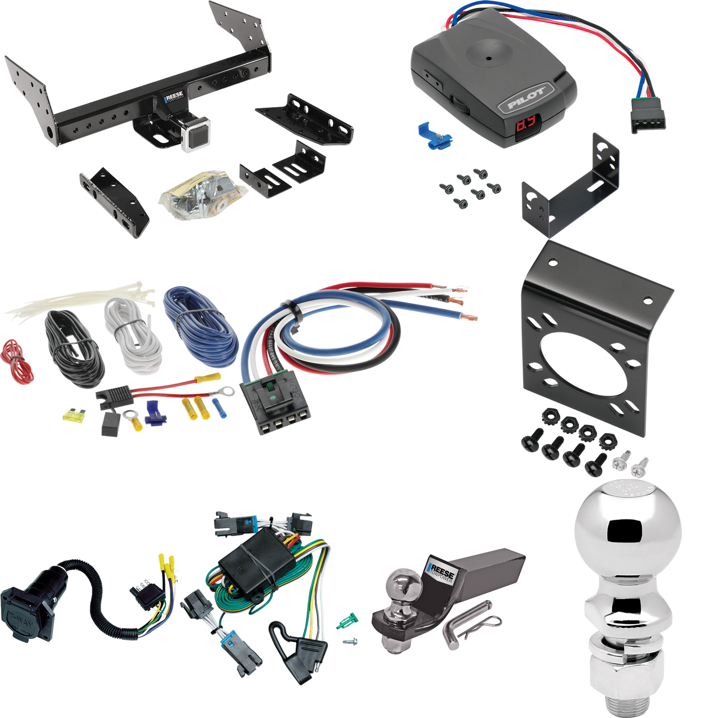 Se adapta al paquete de enganche de remolque GMC Savana 3500 2000-2002 con control de freno piloto serie Pro + adaptador de cableado BC genérico + cableado RV de 7 vías + soporte de bola y caída de 2" y 2-5/16" de Reese Towpower