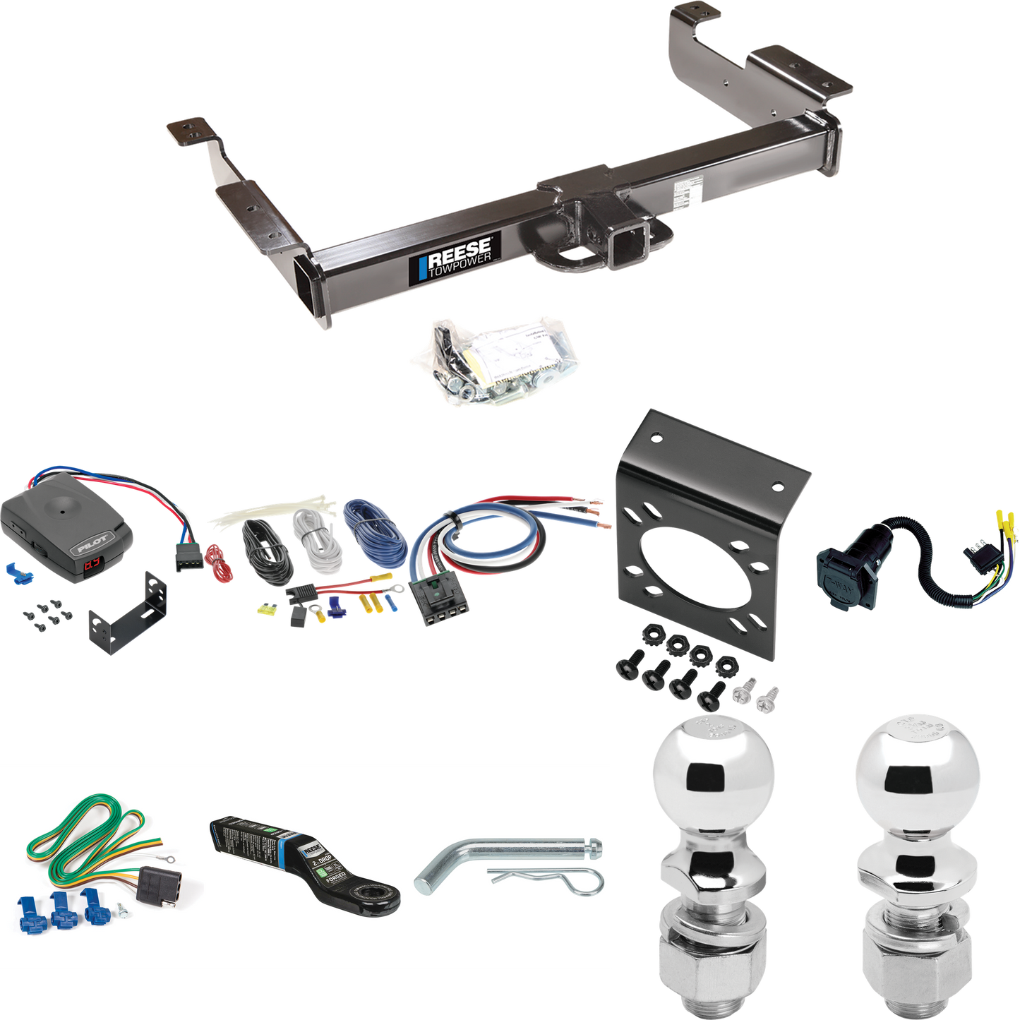 Fits 1996-1999 GMC Savana 1500 Trailer Hitch Tow PKG w/ Pro Series Pilot Brake Control + Generic BC Wiring Adapter + 7-Way RV Wiring + 2" & 2-5/16" Ball & Drop Mount By Reese Towpower