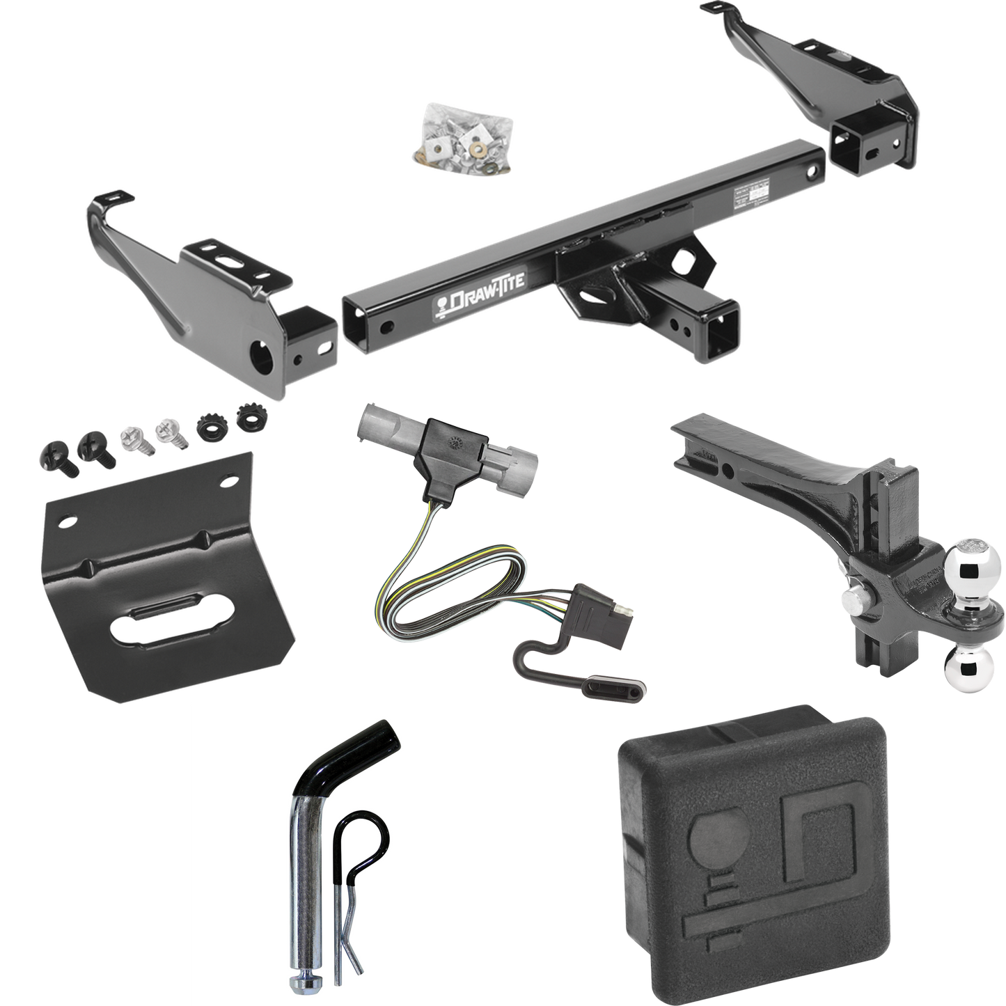 Fits 1997-1997 Ford F-250 HD Trailer Hitch Tow PKG w/ 4-Flat Wiring + Dual Adjustable Drop Rise Ball Ball Mount 2" & 2-5/16" Trailer Balls + Pin/Clip + Wiring Bracket + Hitch Cover By Draw-Tite