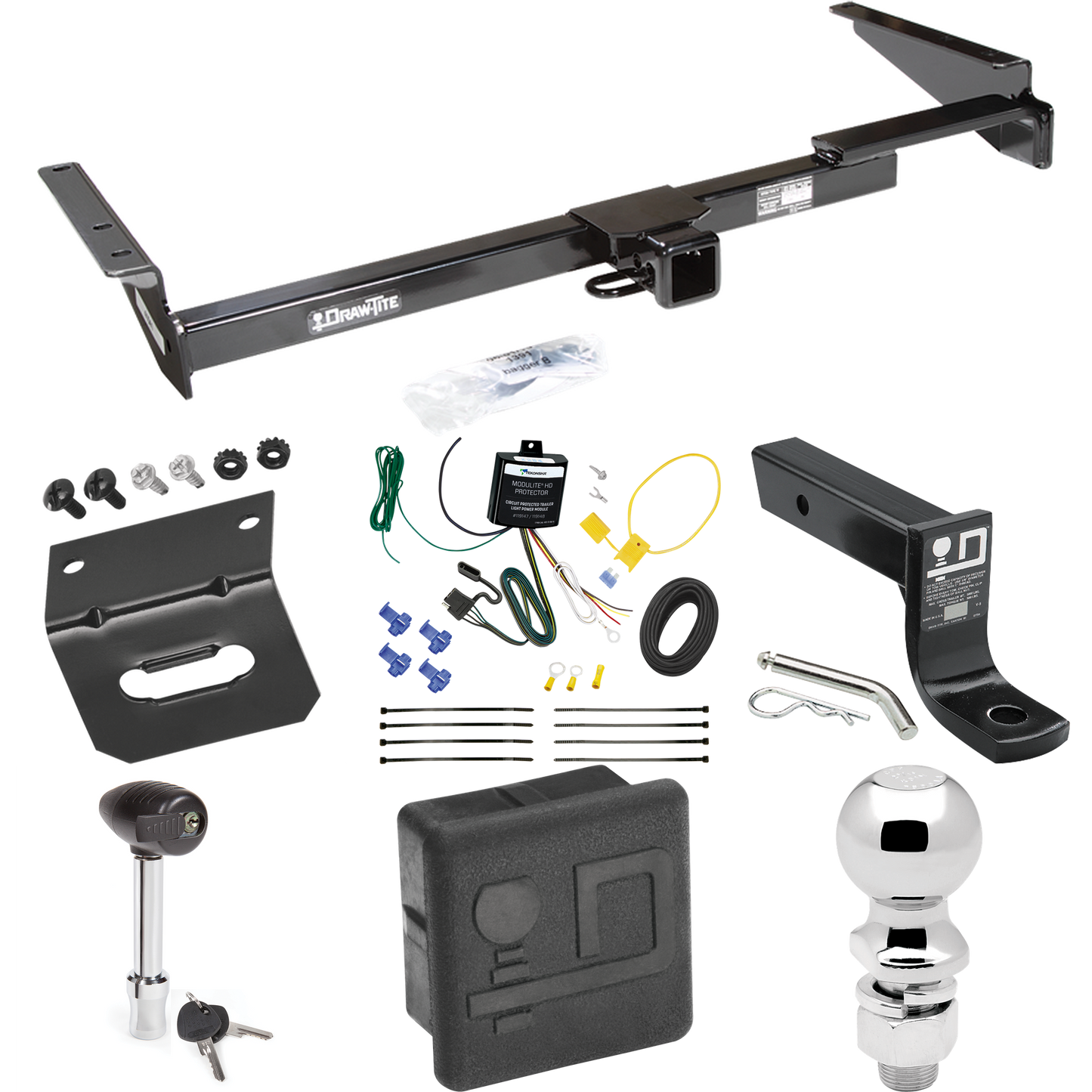 Fits 1999-2000 Lexus RX300 Trailer Hitch Tow PKG w/ 4-Flat Wiring + Ball Mount w/ 4" Drop + 2-5/16" Ball + Wiring Bracket + Hitch Lock + Hitch Cover By Draw-Tite