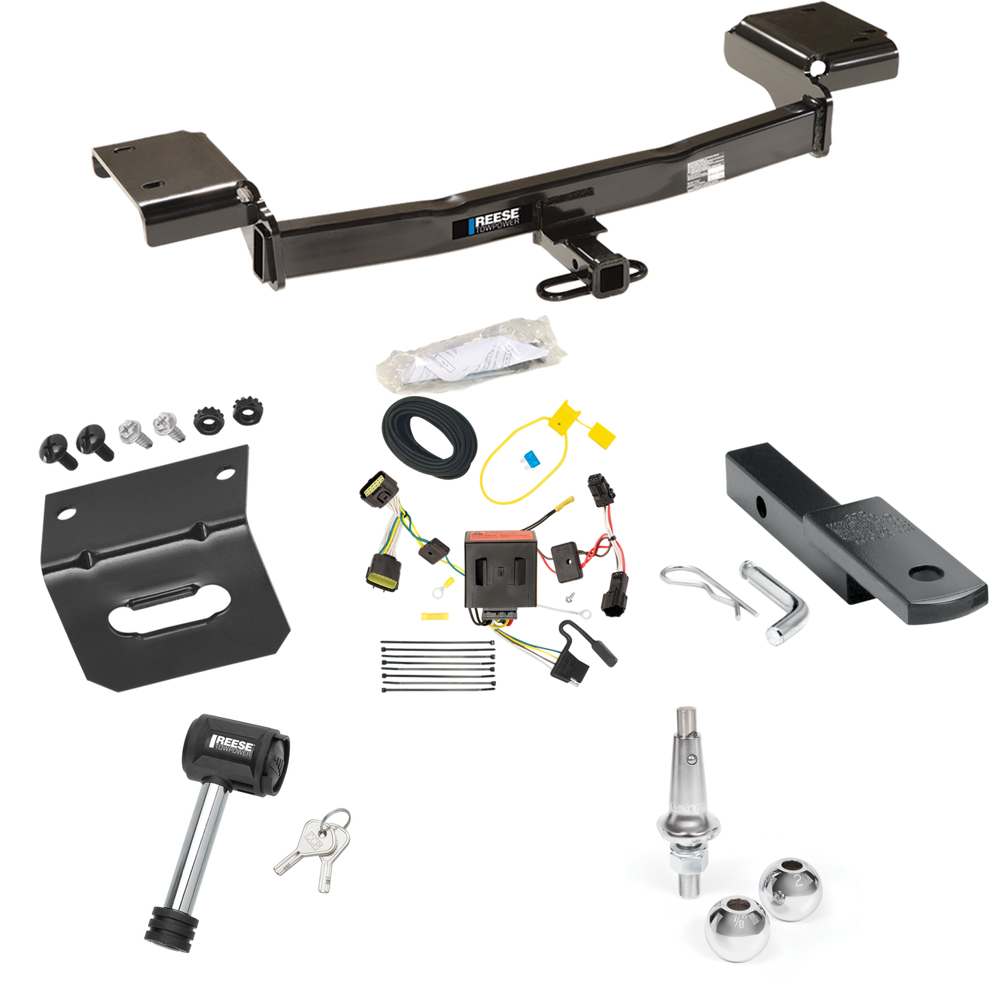 Fits 2011-2016 KIA Sportage Trailer Hitch Tow PKG w/ 4-Flat Wiring Harness + Draw-Bar + Interchangeable 1-7/8" & 2" Balls + Wiring Bracket + Hitch Lock By Reese Towpower