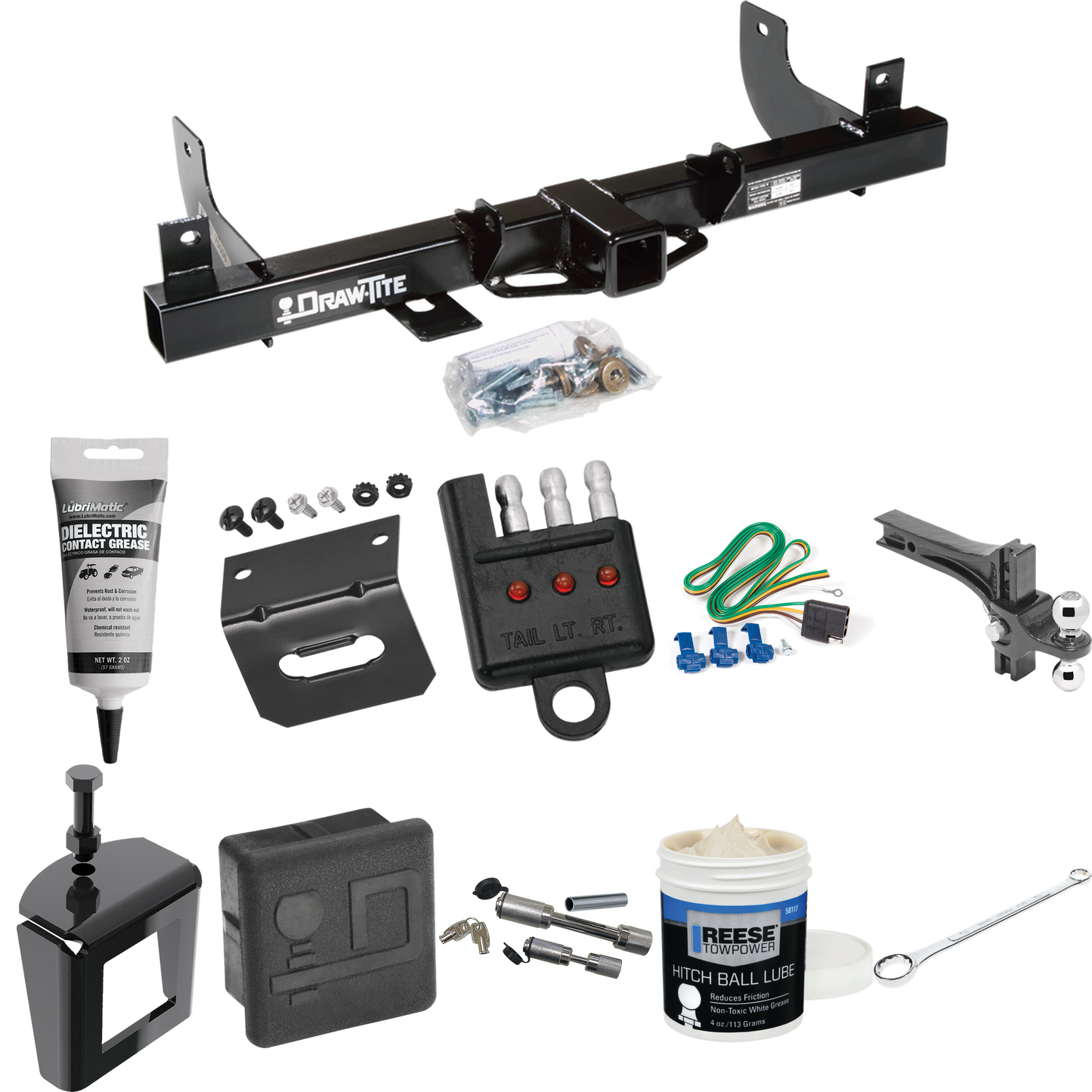 Fits 2006-2008 Lincoln Mark LT Trailer Hitch Tow PKG w/ 4-Flat Wiring + Dual Adjustable Drop Rise Ball Ball Mount 2" & 2-5/16" Trailer Balls + Wiring Bracket + Hitch Cover + Dual Hitch & Coupler Locks + Wiring Tester + Ball Lube + Electric Grease + B