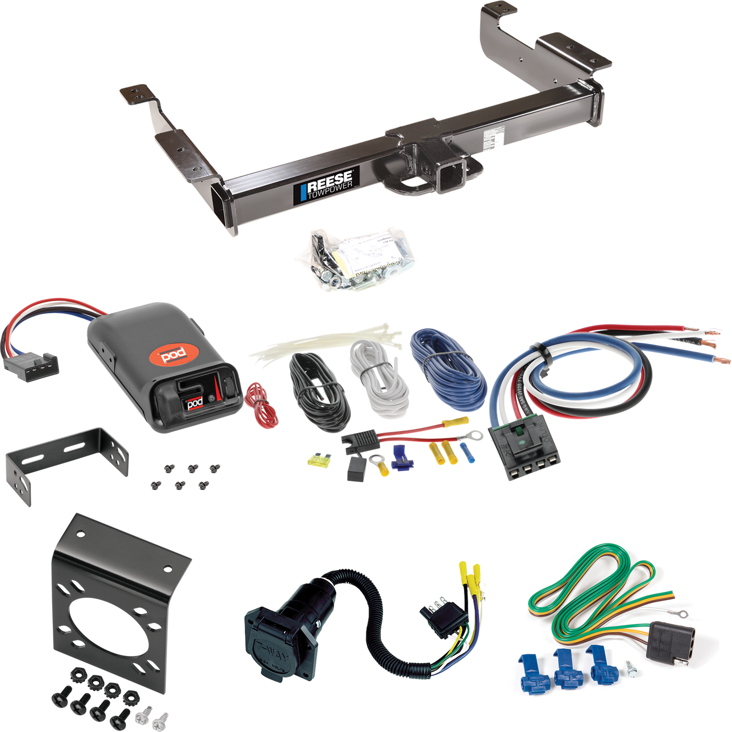 Se adapta al paquete de enganche de remolque GMC Savana 1500 1996-1999 con control de freno POD serie Pro + adaptador de cableado BC genérico + cableado RV de 7 vías de Reese Towpower