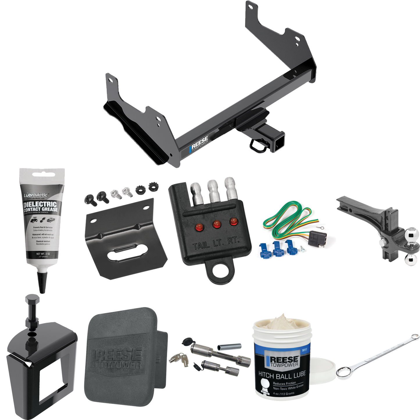 Fits 2015-2023 Ford F-150 Trailer Hitch Tow PKG w/ 4-Flat Wiring + Dual Adjustable Drop Rise Ball Ball Mount 2" & 2-5/16" Trailer Balls + Wiring Bracket + Hitch Cover + Dual Hitch & Coupler Locks + Wiring Tester + Ball Lube + Electric Grease + Ball W