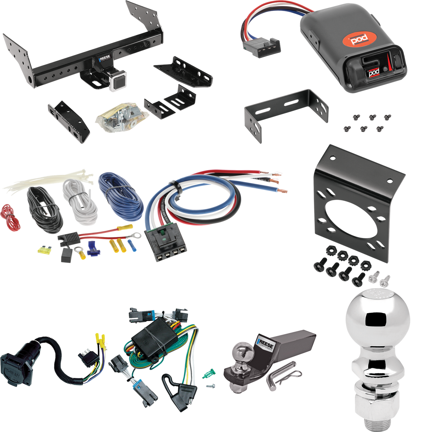 Se adapta al paquete de enganche de remolque GMC Savana 1500 2000-2002 con control de freno POD serie Pro + adaptador de cableado BC genérico + cableado RV de 7 vías + soporte de bola y caída de 2" y 2-5/16" de Reese Towpower