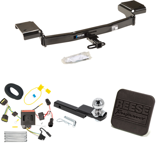 Fits 2011-2016 KIA Sportage Trailer Hitch Tow PKG w/ 4-Flat Wiring Harness + Interlock Starter Kit w/ 2" Ball 1-1/4" Drop 3/4" Rise + Hitch Cover By Reese Towpower