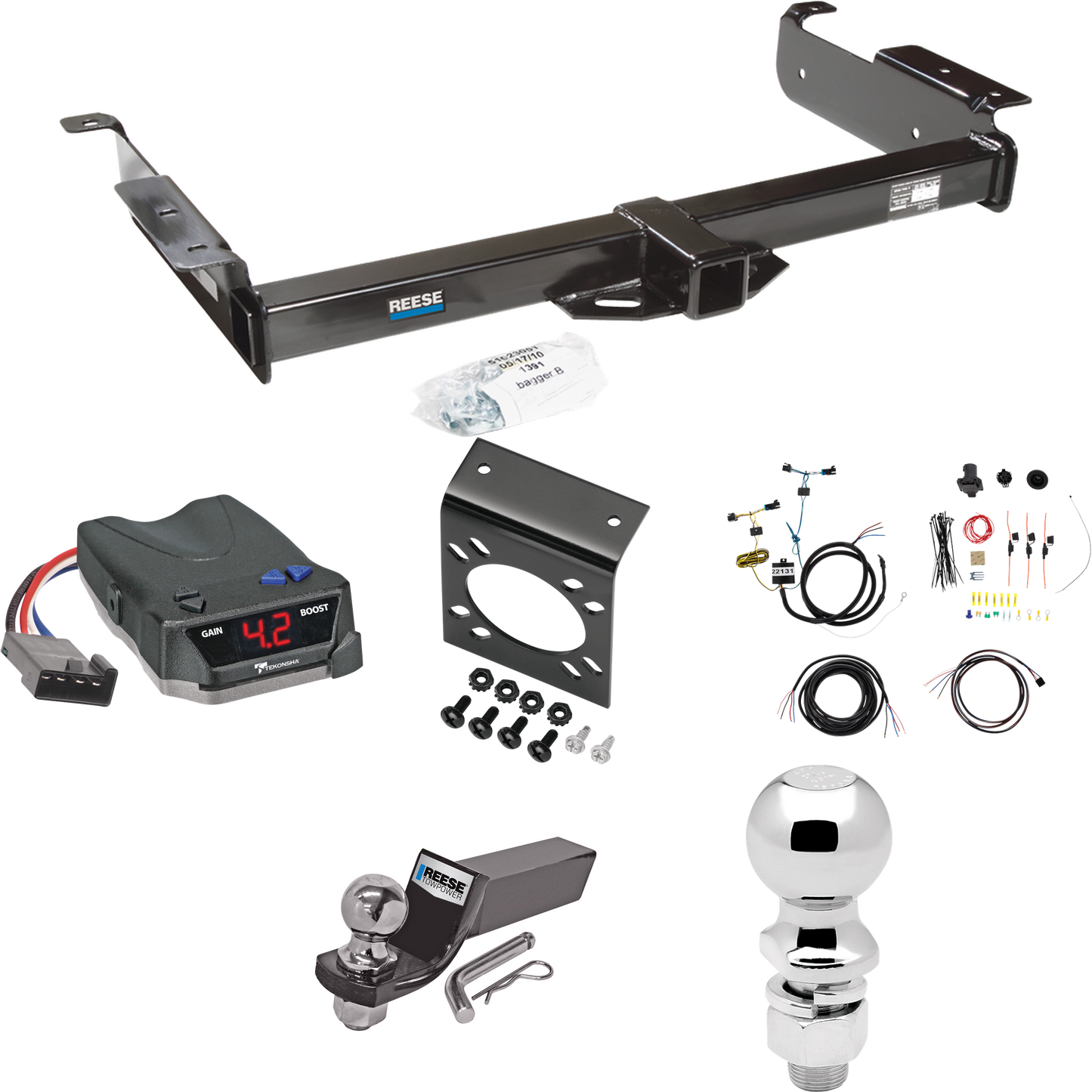 Fits 2003-2023 Chevrolet Express 2500 Trailer Hitch Tow PKG w/ Tekonsha BRAKE-EVN Brake Control + 7-Way RV Wiring + 2" & 2-5/16" Ball & Drop Mount By Reese Towpower