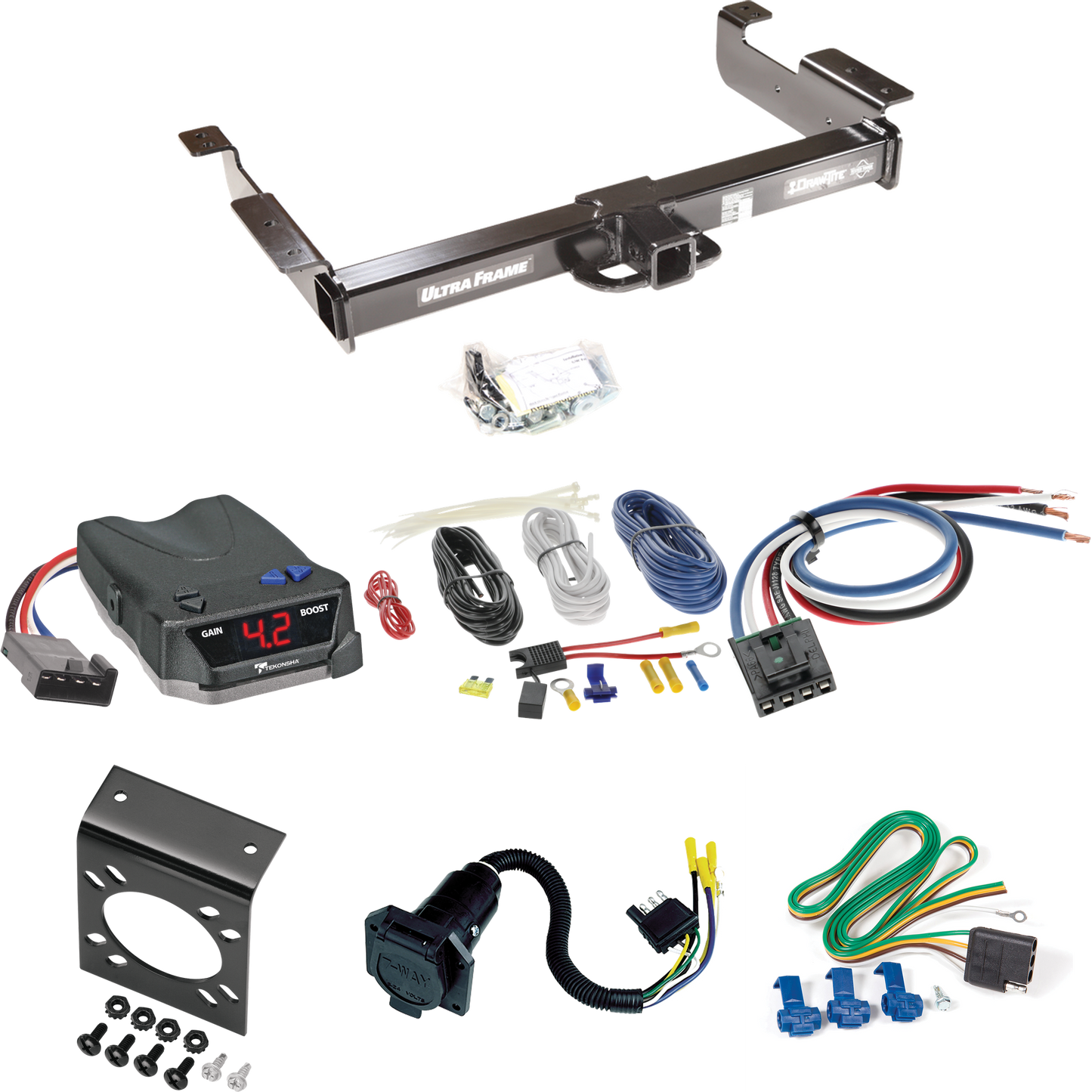 Fits 1996-1999 Chevrolet Express 1500 Trailer Hitch Tow PKG w/ Tekonsha BRAKE-EVN Brake Control + Generic BC Wiring Adapter + 7-Way RV Wiring By Draw-Tite