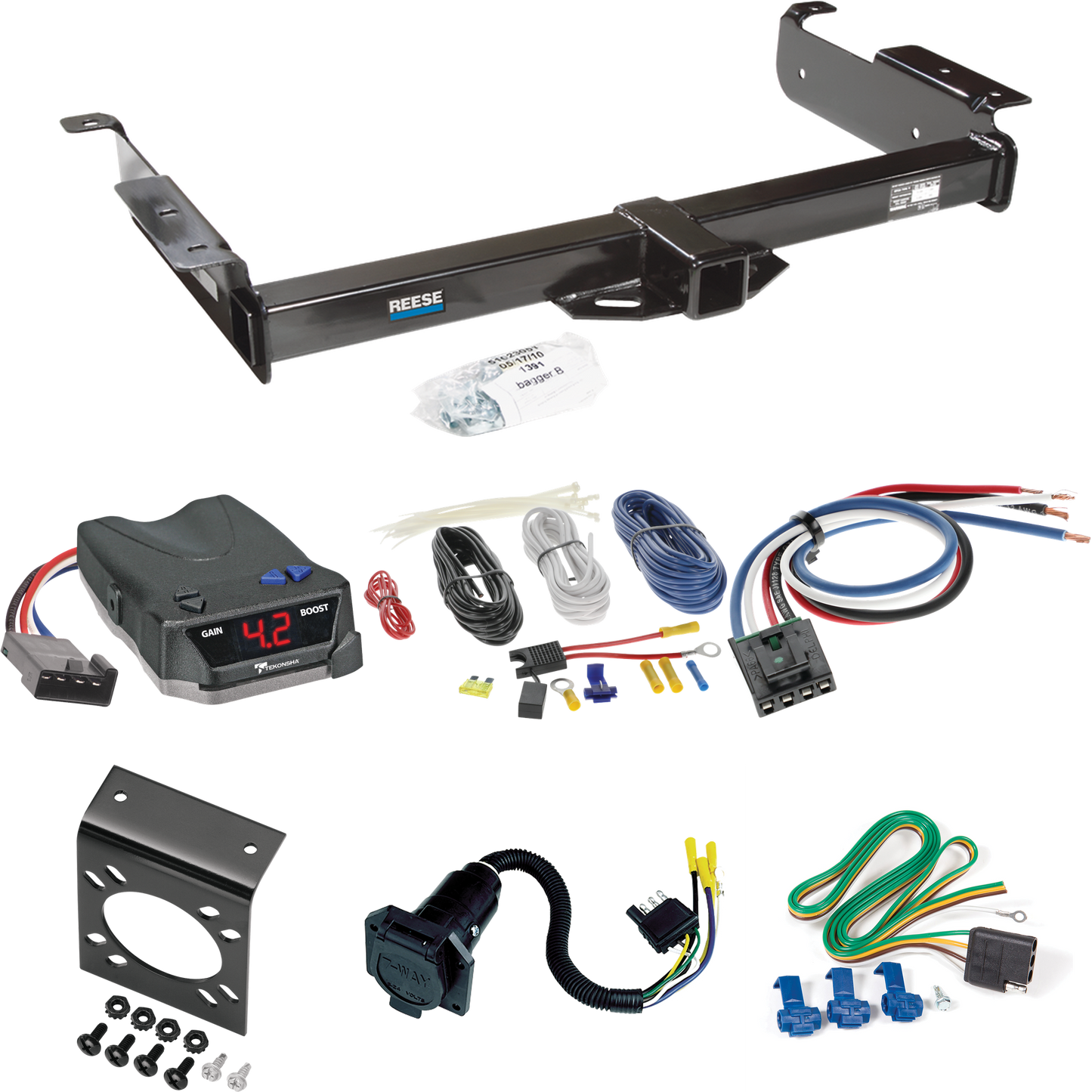 Fits 1996-1999 Chevrolet Express 3500 Trailer Hitch Tow PKG w/ Tekonsha BRAKE-EVN Brake Control + Generic BC Wiring Adapter + 7-Way RV Wiring By Reese Towpower