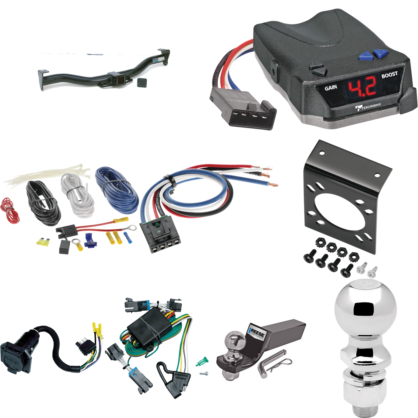 Fits 2000-2002 Chevrolet Express 2500 Trailer Hitch Tow PKG w/ Tekonsha BRAKE-EVN Brake Control + Generic BC Wiring Adapter + 7-Way RV Wiring + 2" & 2-5/16" Ball & Drop Mount By Reese Towpower