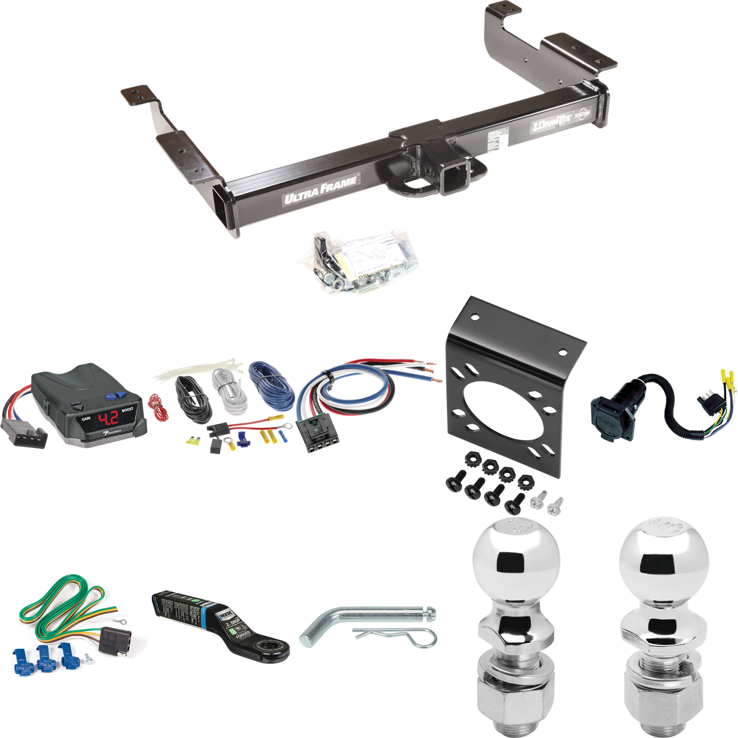 Fits 1996-1999 Chevrolet Express 1500 Trailer Hitch Tow PKG w/ Tekonsha BRAKE-EVN Brake Control + Generic BC Wiring Adapter + 7-Way RV Wiring + 2" & 2-5/16" Ball & Drop Mount By Draw-Tite