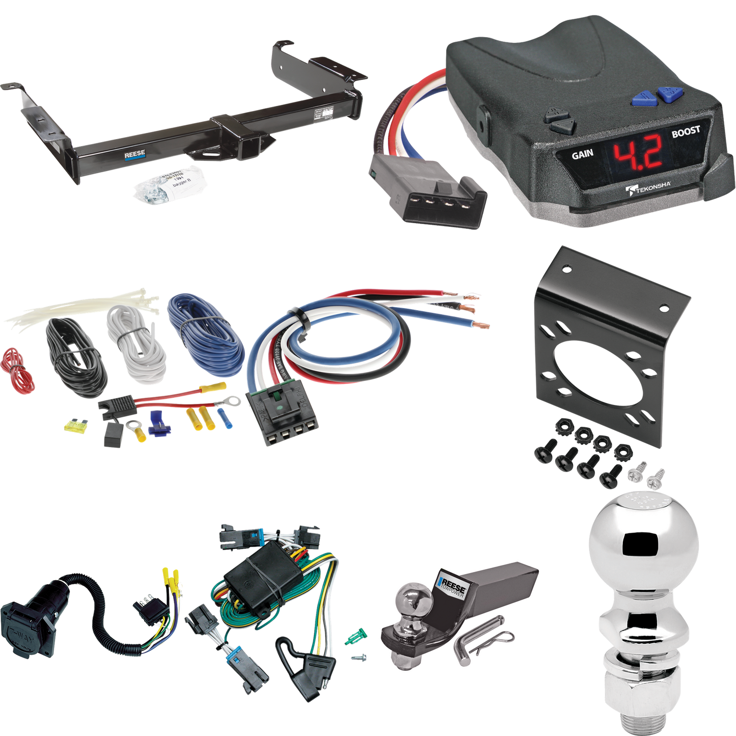 Fits 2000-2002 GMC Savana 2500 Trailer Hitch Tow PKG w/ Tekonsha BRAKE-EVN Brake Control + Generic BC Wiring Adapter + 7-Way RV Wiring + 2" & 2-5/16" Ball & Drop Mount By Reese Towpower