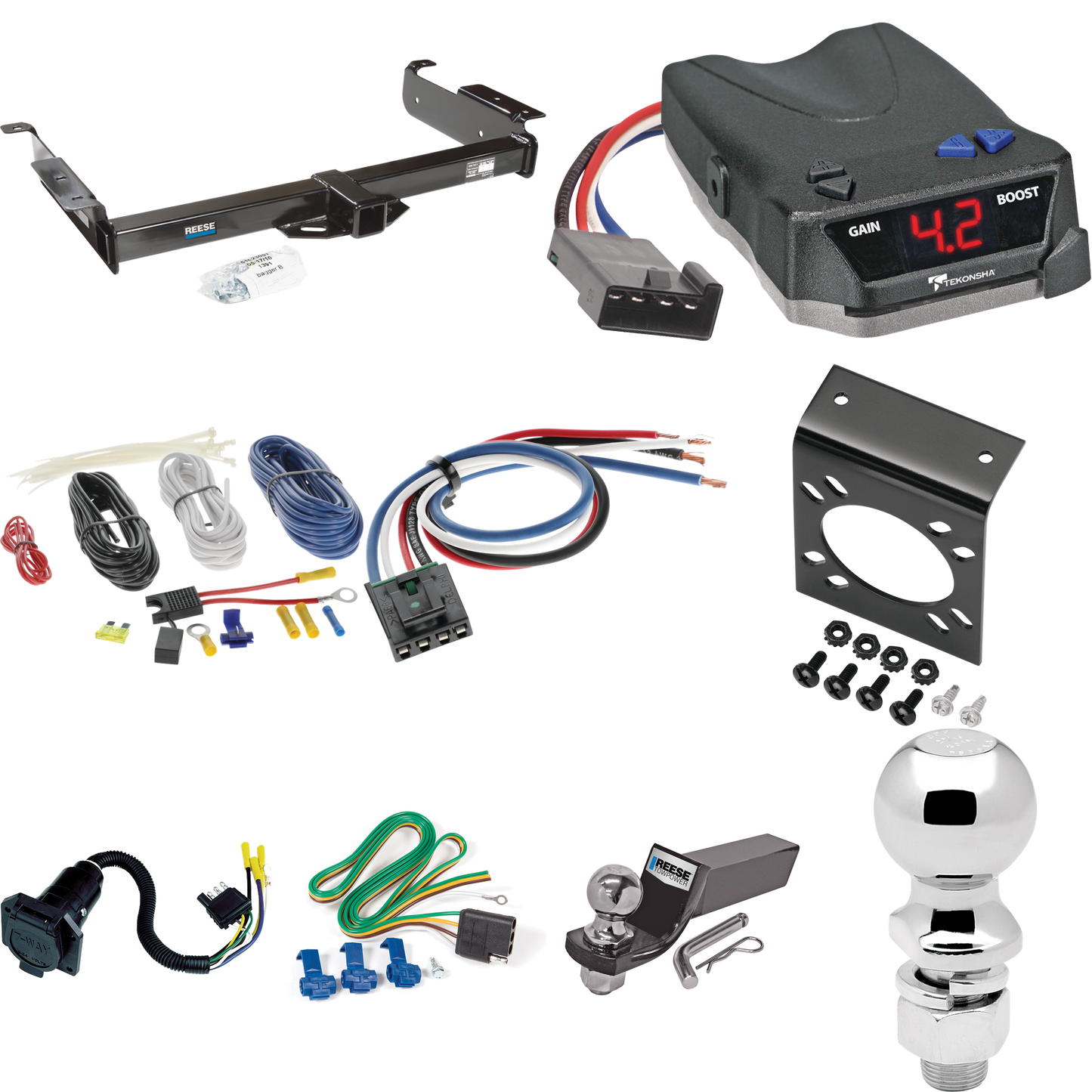 Fits 1996-1999 GMC Savana 3500 Trailer Hitch Tow PKG w/ Tekonsha BRAKE-EVN Brake Control + Generic BC Wiring Adapter + 7-Way RV Wiring + 2" & 2-5/16" Ball & Drop Mount By Reese Towpower