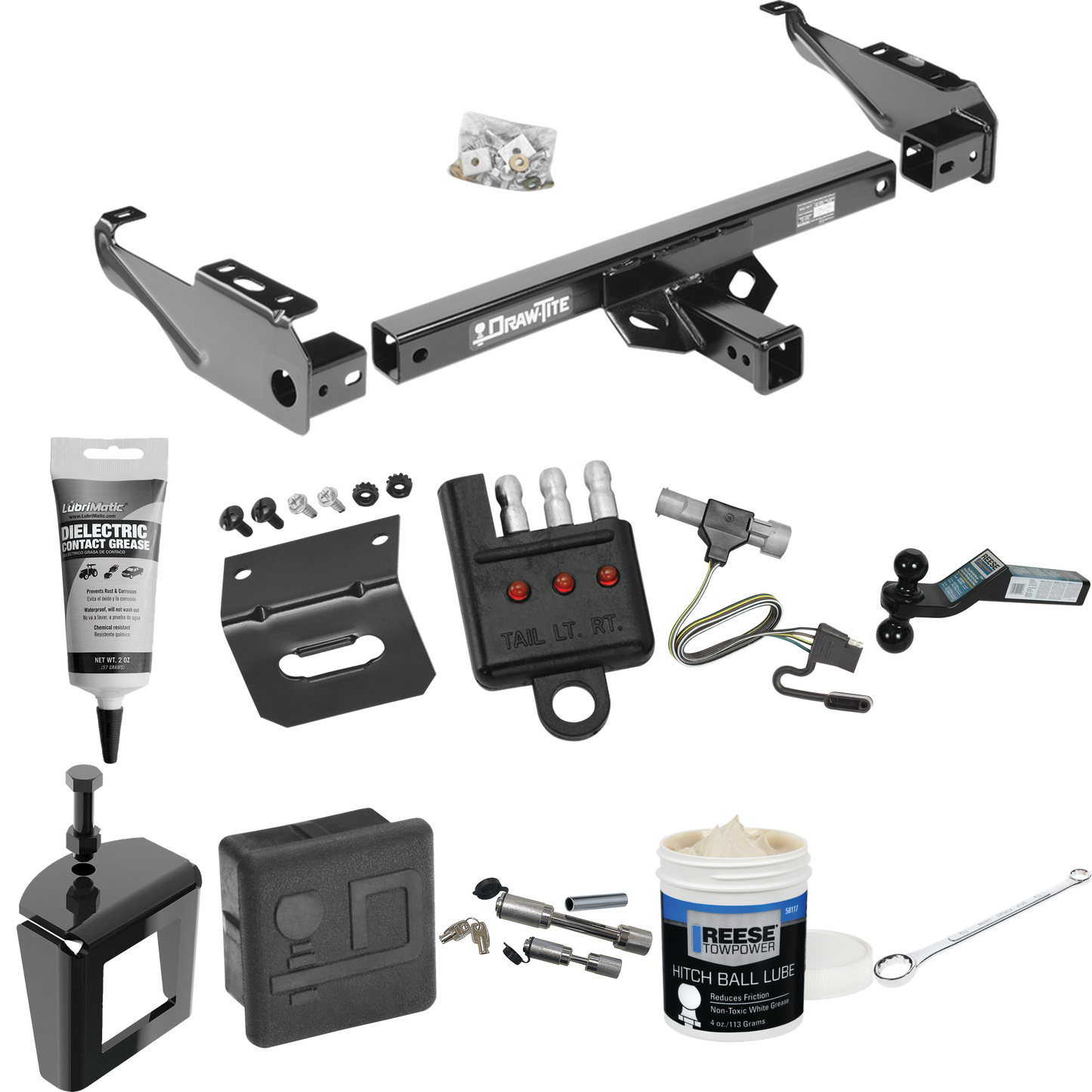 Fits 1997-1997 Ford F-250 HD Trailer Hitch Tow PKG w/ 4-Flat Wiring + Dual Ball Ball Mount 2" & 2-5/16" Trailer Balls + Wiring Bracket + Hitch Cover + Dual Hitch & Coupler Locks + Wiring Tester + Ball Lube + Electric Grease + Ball Wrench + Anti Rattl