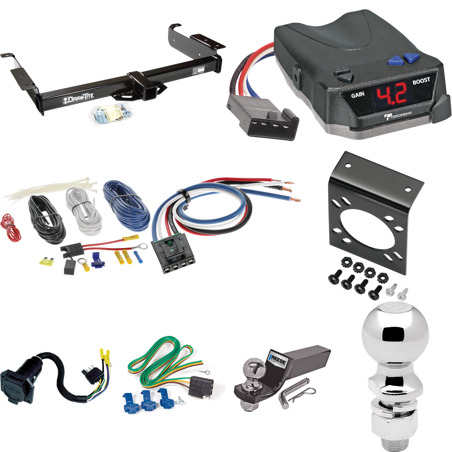 Se adapta al paquete de enganche de remolque GMC Savana 1500 1996-1999 con control de freno Tekonsha BRAKE-EVN + adaptador de cableado BC genérico + cableado RV de 7 vías + soporte de bola y caída de 2" y 2-5/16" de Draw-Tite