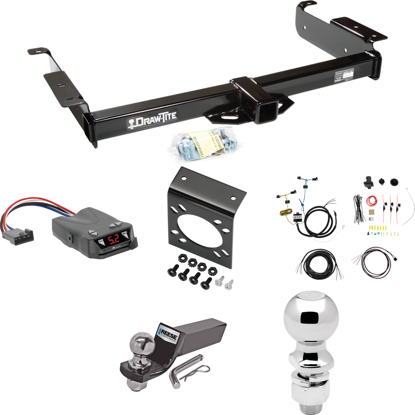 Fits 2003-2023 Chevrolet Express 2500 Trailer Hitch Tow PKG w/ Tekonsha Brakeman IV Brake Control + 7-Way RV Wiring + 2" & 2-5/16" Ball & Drop Mount By Draw-Tite