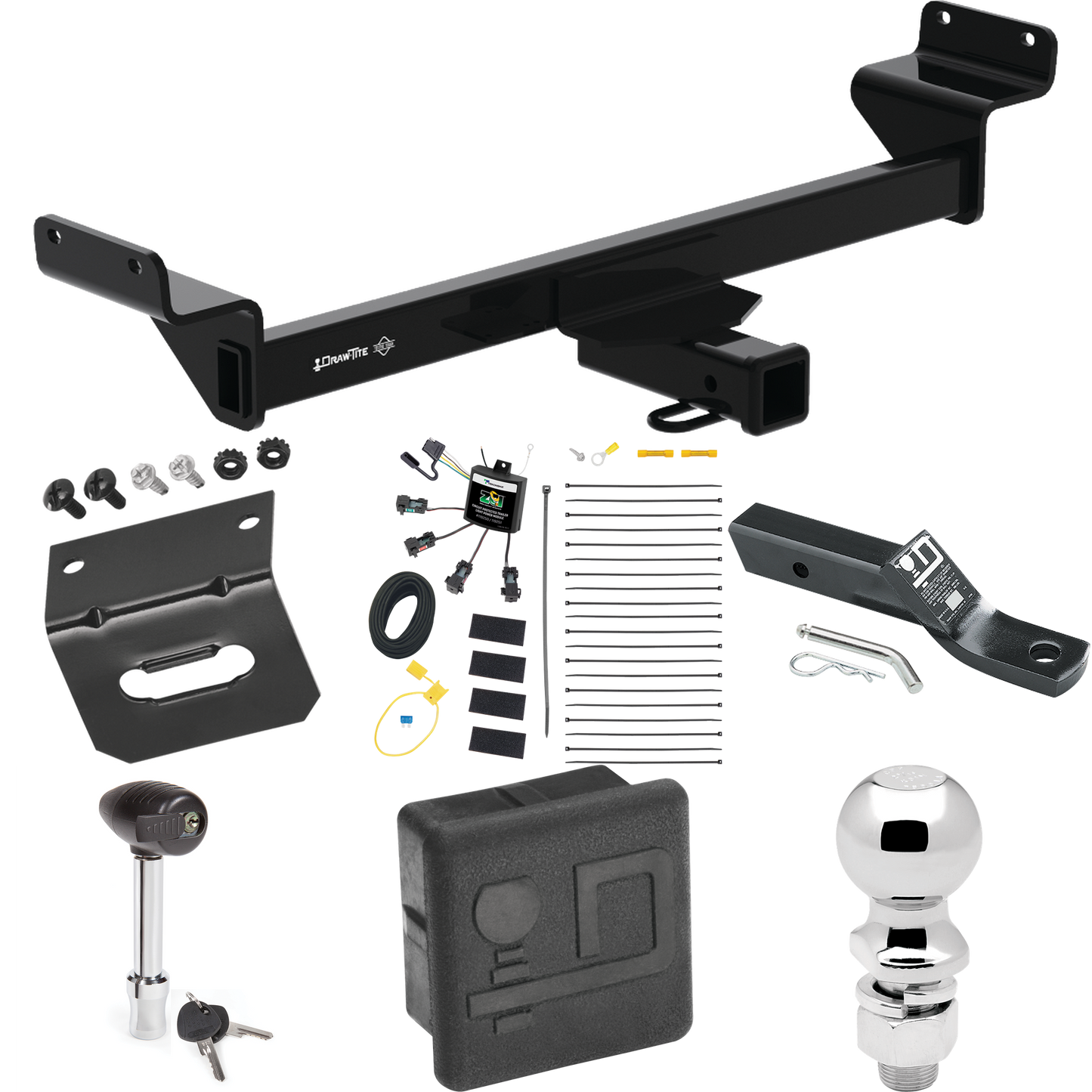 Fits 2023-2023 KIA Sportage Trailer Hitch Tow PKG w/ 4-Flat Zero Contact "No Splice" Wiring + Ball Mount w/ 2" Drop + 2-5/16" Ball + Wiring Bracket + Hitch Lock + Hitch Cover By Draw-Tite