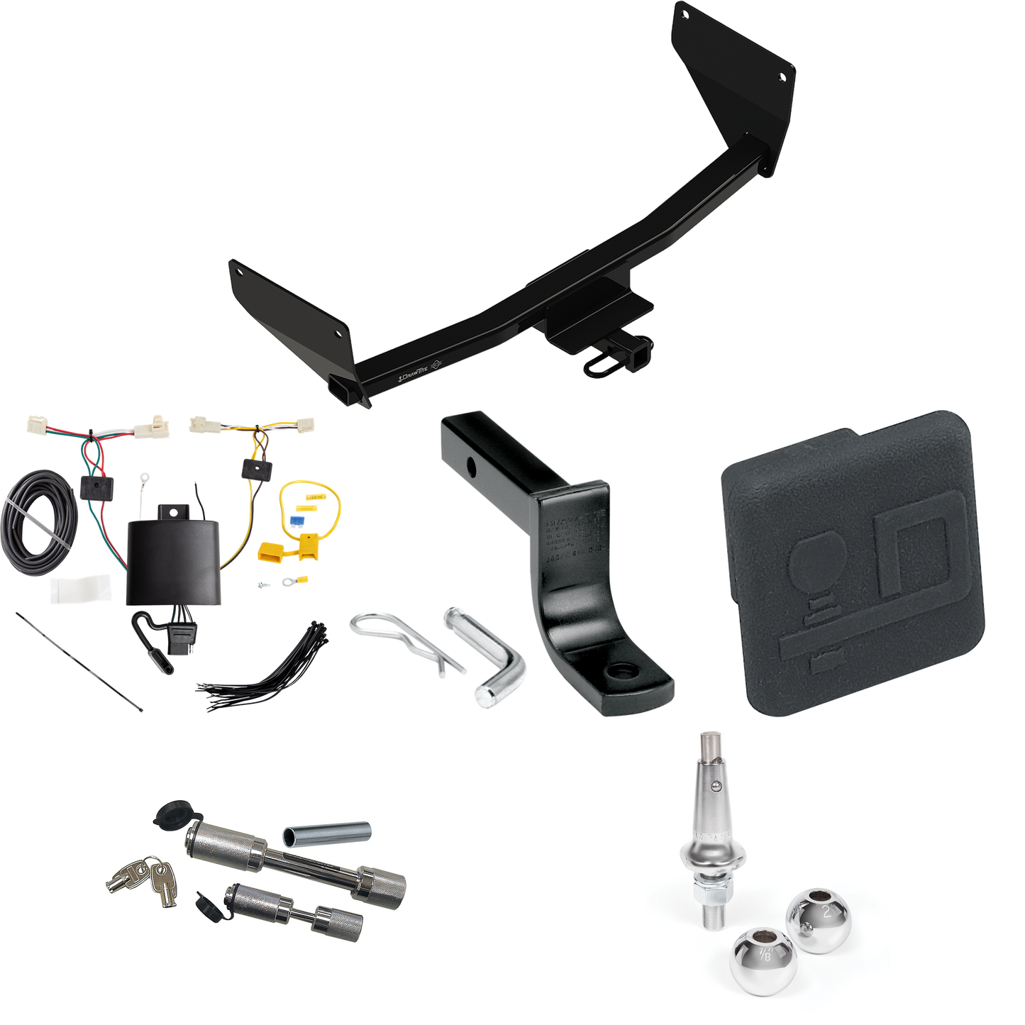 Fits 2019-2023 Toyota RAV4 Trailer Hitch Tow PKG w/ 4-Flat Wiring Harness + Draw-Bar + Interchangeable 1-7/8" & 2" Balls + Hitch Cover + Dual Hitch & Coupler Locks By Draw-Tite