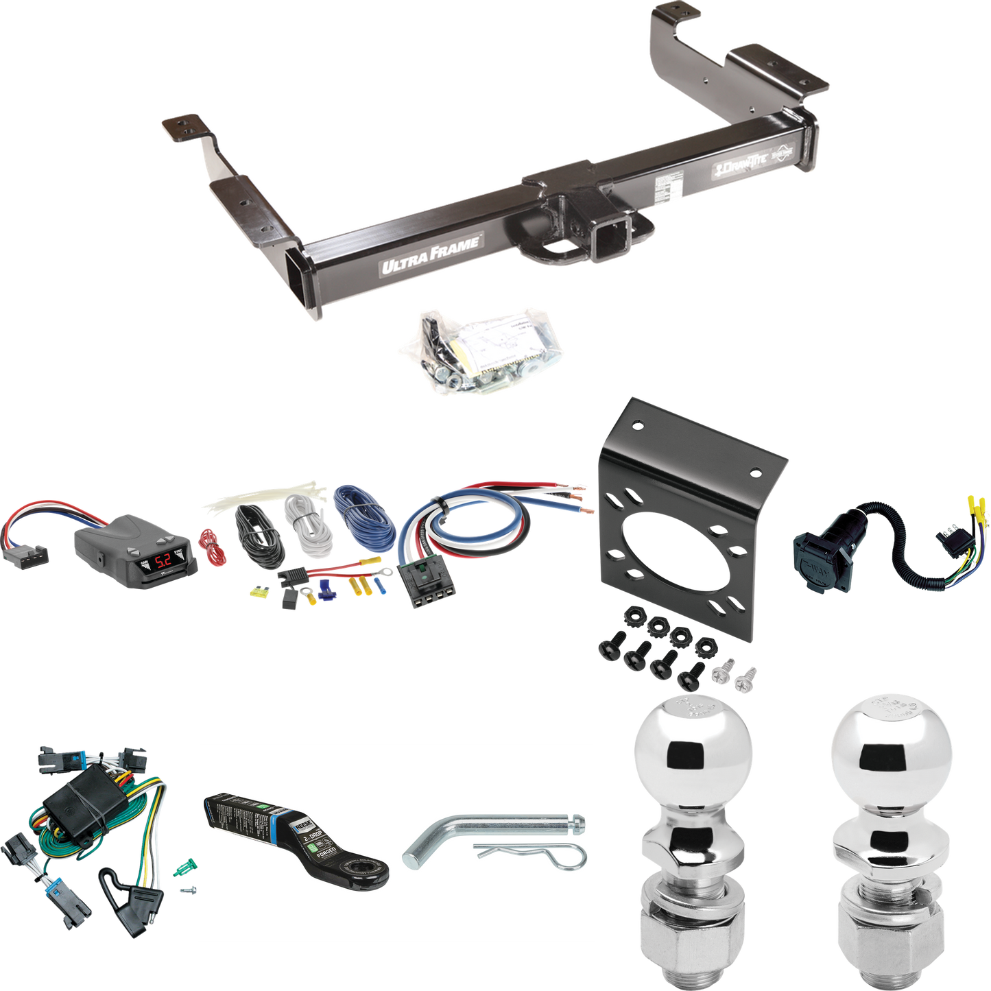 Se adapta al paquete de enganche de remolque Chevrolet Express 3500 2000-2002 con control de freno Tekonsha Brakeman IV + adaptador de cableado BC genérico + cableado RV de 7 vías + soporte de bola y caída de 2" y 2-5/16" de Draw-Tite