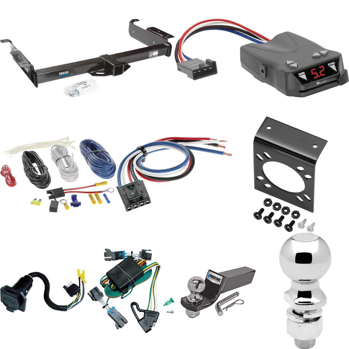 Se adapta al paquete de enganche de remolque GMC Savana 1500 2000-2002 con control de freno Tekonsha Brakeman IV + adaptador de cableado BC genérico + cableado RV de 7 vías + soporte de bola y caída de 2" y 2-5/16" de Reese Towpower