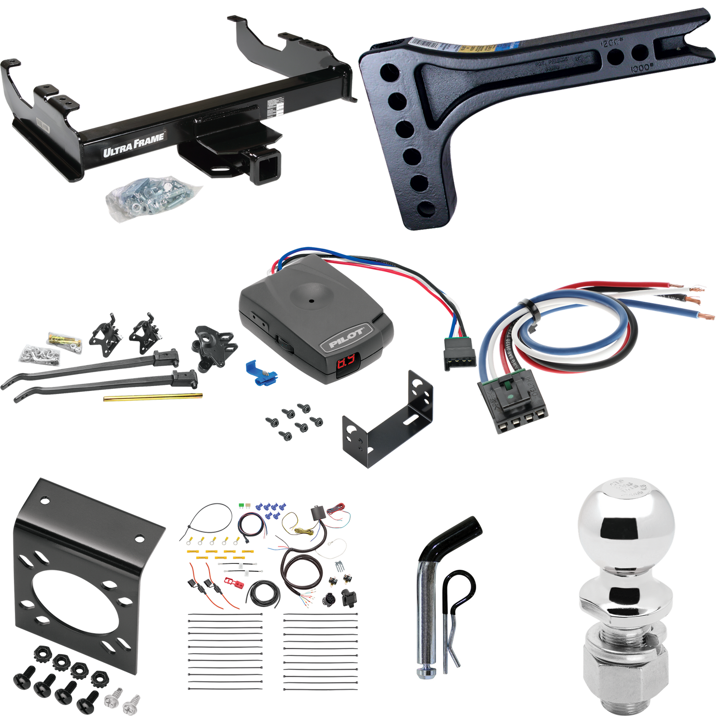 Fits 2007-2014 GMC Sierra 3500 HD Trailer Hitch Tow PKG w/ 15K Trunnion Bar Weight Distribution Hitch + Pin/Clip + 2-5/16" Ball + Pro Series Pilot Brake Control + Generic BC Wiring Adapter + 7-Way RV Wiring (For Cab & Chassis, w/34" Wide Frames Model