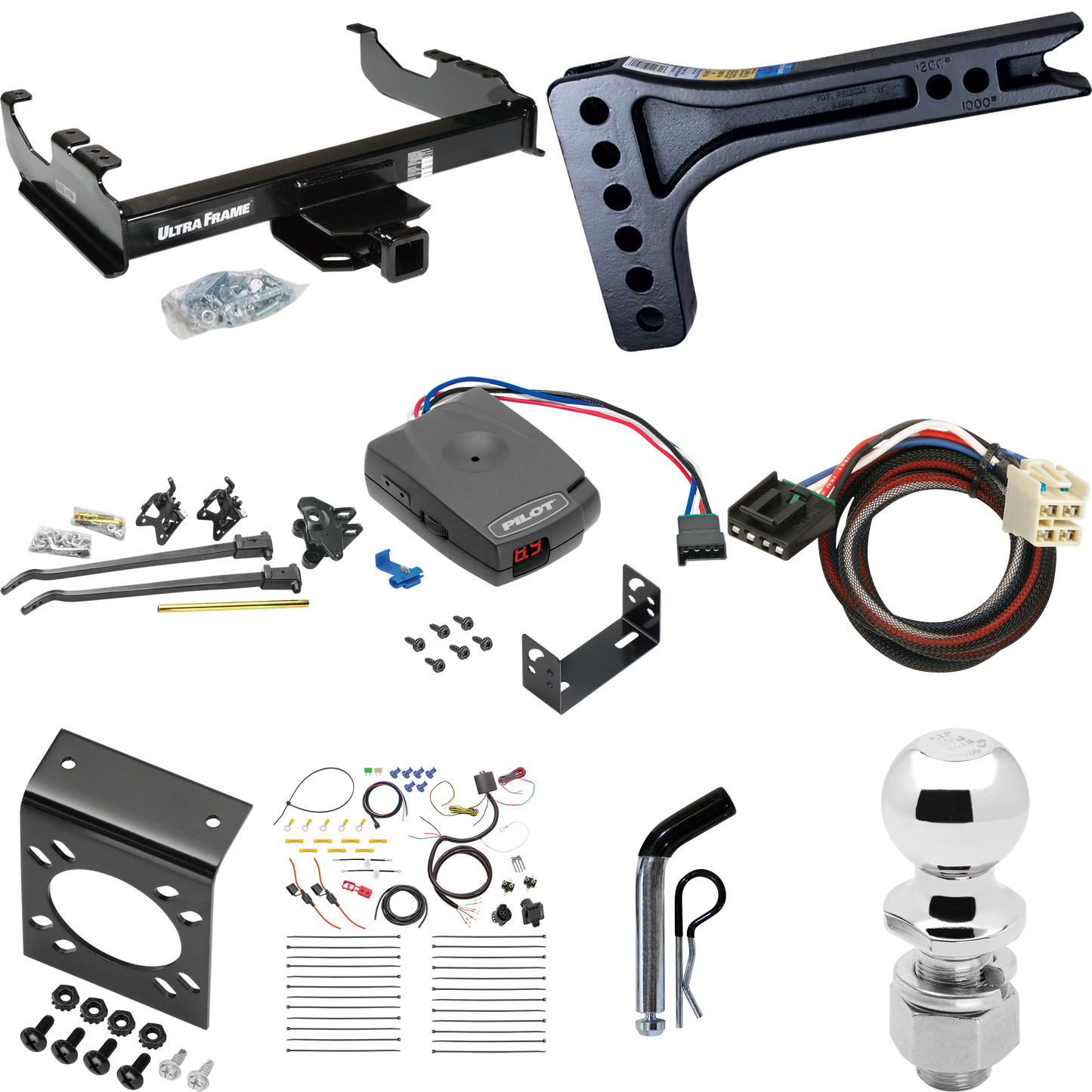 Fits 2015-2019 GMC Sierra 3500 HD Trailer Hitch Tow PKG w/ 15K Trunnion Bar Weight Distribution Hitch + Pin/Clip + 2-5/16" Ball + Pro Series Pilot Brake Control + Plug & Play BC Adapter + 7-Way RV Wiring (For Cab & Chassis, w/34" Wide Frames Models)