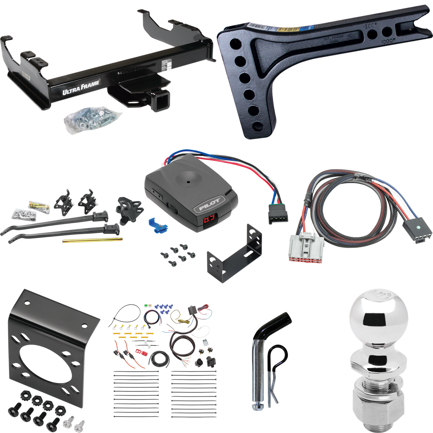 Fits 2020-2023 GMC Sierra 3500 HD Trailer Hitch Tow PKG w/ 15K Trunnion Bar Weight Distribution Hitch + Pin/Clip + 2-5/16" Ball + Pro Series Pilot Brake Control + Plug & Play BC Adapter + 7-Way RV Wiring (For Cab & Chassis, w/34" Wide Frames Models)
