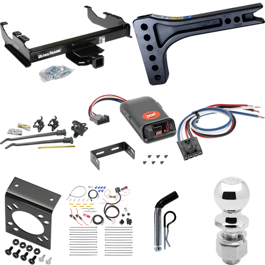 Fits 2007-2014 GMC Sierra 3500 HD Trailer Hitch Tow PKG w/ 15K Trunnion Bar Weight Distribution Hitch + Pin/Clip + 2-5/16" Ball + Pro Series POD Brake Control + Generic BC Wiring Adapter + 7-Way RV Wiring (For Cab & Chassis, w/34" Wide Frames Models)