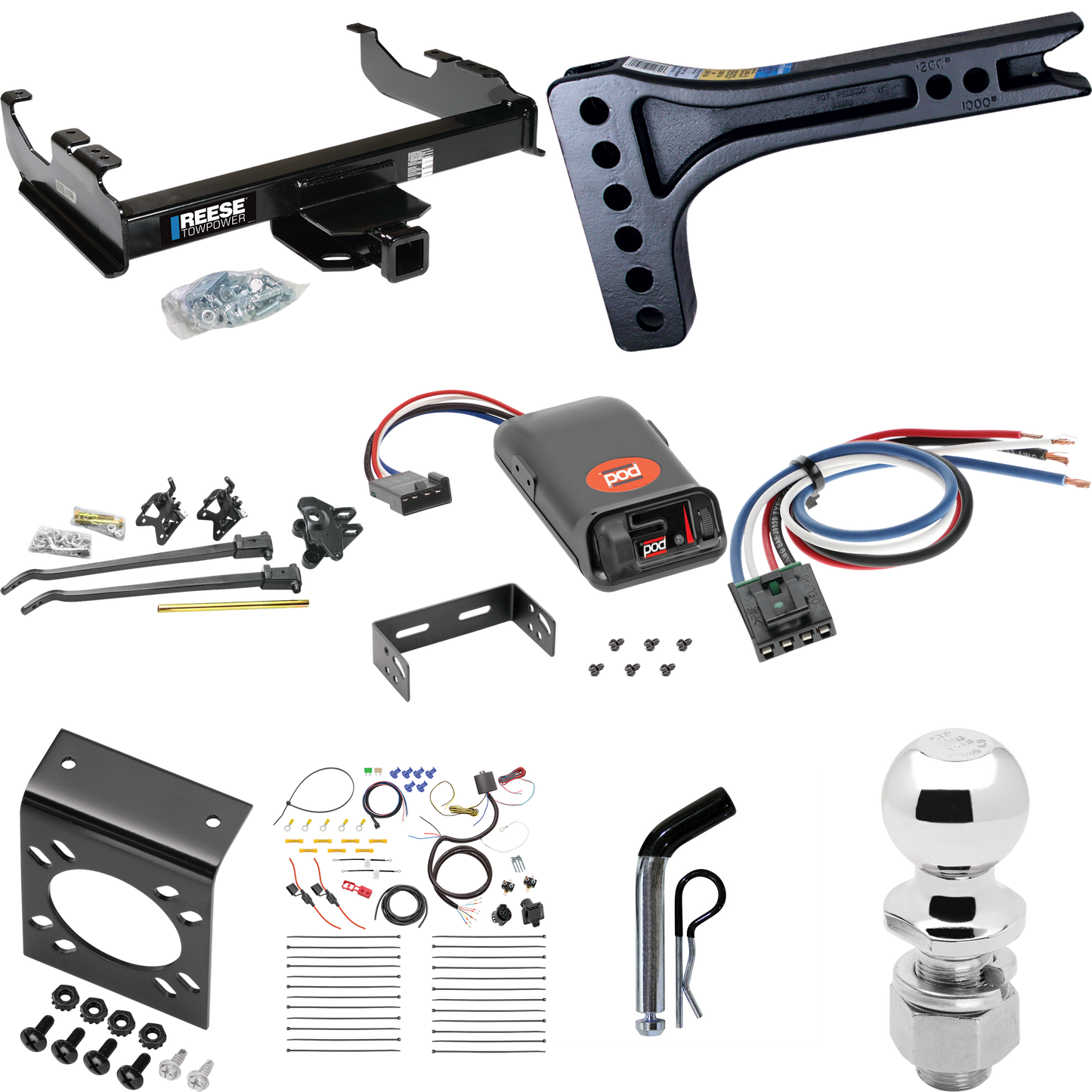 Fits 2007-2014 GMC Sierra 3500 HD Trailer Hitch Tow PKG w/ 15K Trunnion Bar Weight Distribution Hitch + Pin/Clip + 2-5/16" Ball + Pro Series POD Brake Control + Generic BC Wiring Adapter + 7-Way RV Wiring (For Cab & Chassis, w/34" Wide Frames Models)