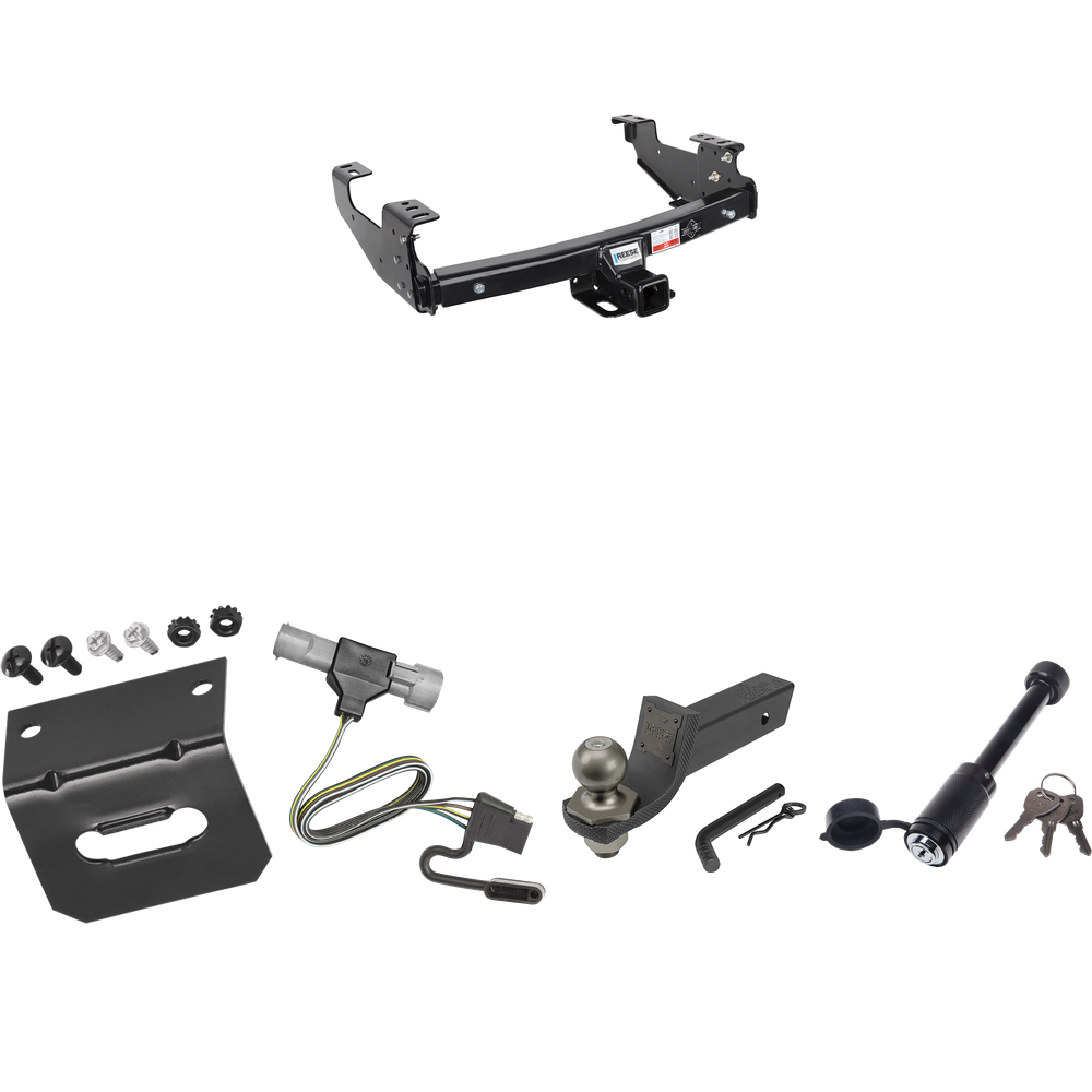 Fits 1987-1996 Ford F-250 Trailer Hitch Tow PKG w/ 4-Flat Wiring + Interlock Tactical Starter Kit w/ 2" Drop & 2" Ball + Tactical Dogbone Lock + Wiring Bracket By Reese Towpower