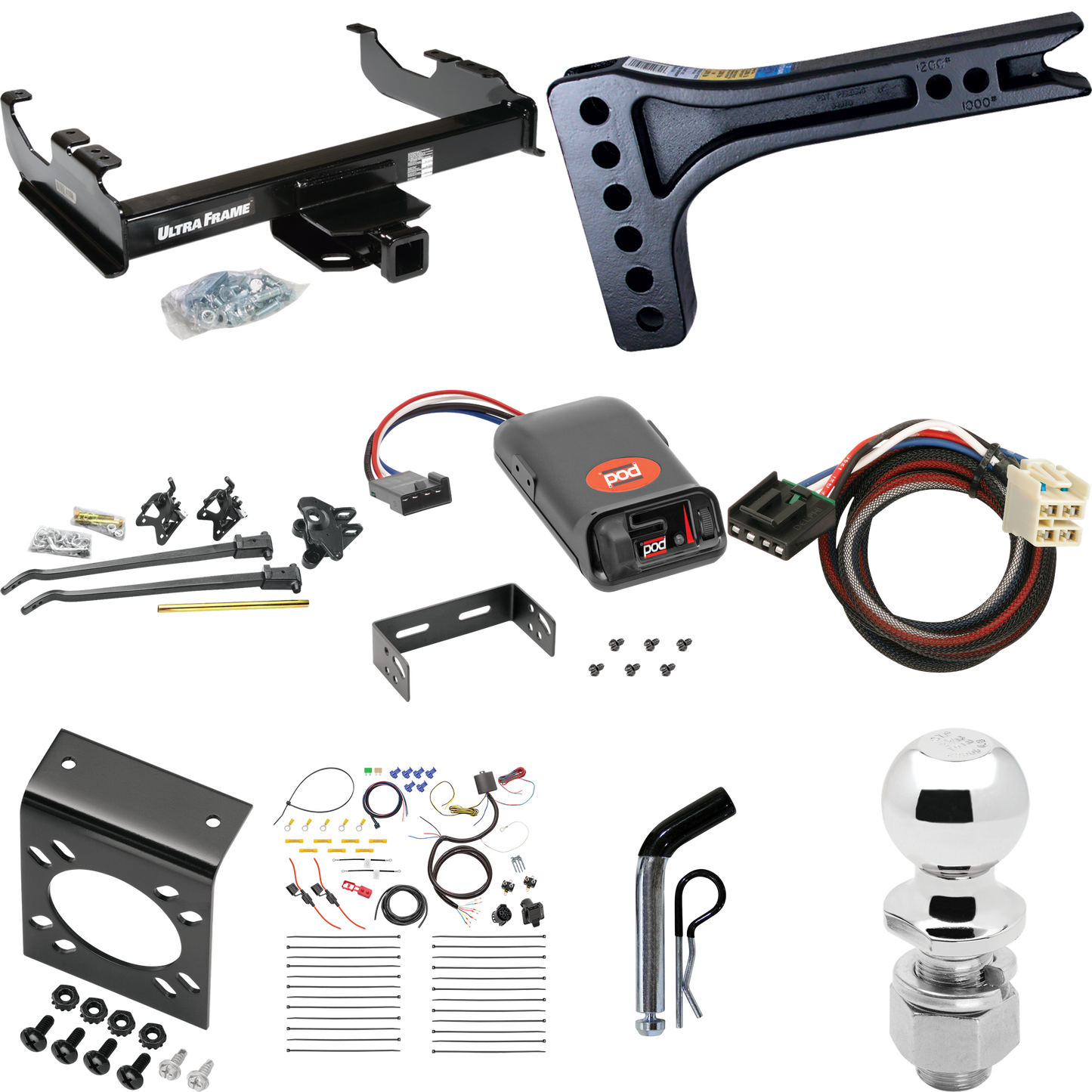 Fits 2015-2019 GMC Sierra 3500 HD Trailer Hitch Tow PKG w/ 15K Trunnion Bar Weight Distribution Hitch + Pin/Clip + 2-5/16" Ball + Pro Series POD Brake Control + Plug & Play BC Adapter + 7-Way RV Wiring (For Cab & Chassis, w/34" Wide Frames Models) By