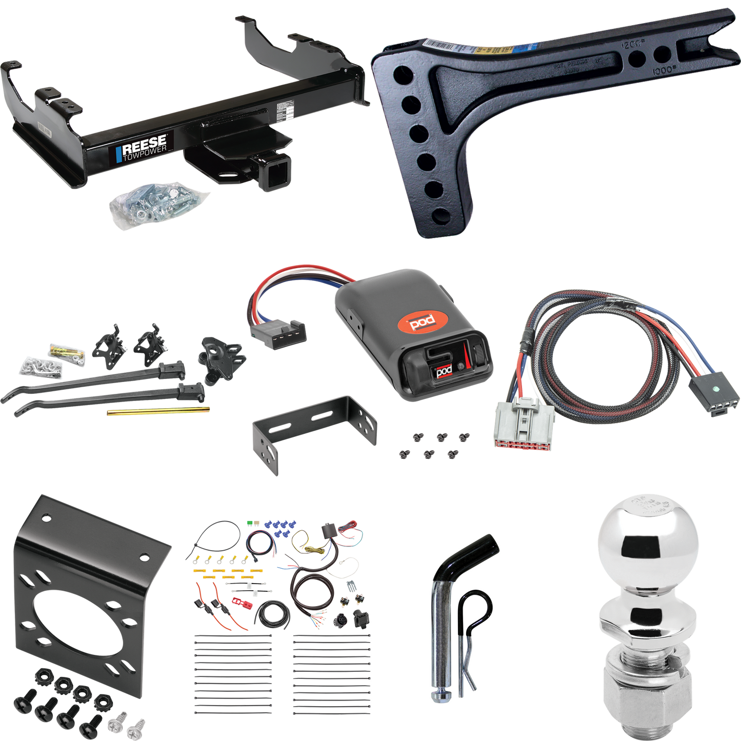 Fits 2020-2023 GMC Sierra 3500 HD Trailer Hitch Tow PKG w/ 15K Trunnion Bar Weight Distribution Hitch + Pin/Clip + 2-5/16" Ball + Pro Series POD Brake Control + Plug & Play BC Adapter + 7-Way RV Wiring (For Cab & Chassis, w/34" Wide Frames Models) By