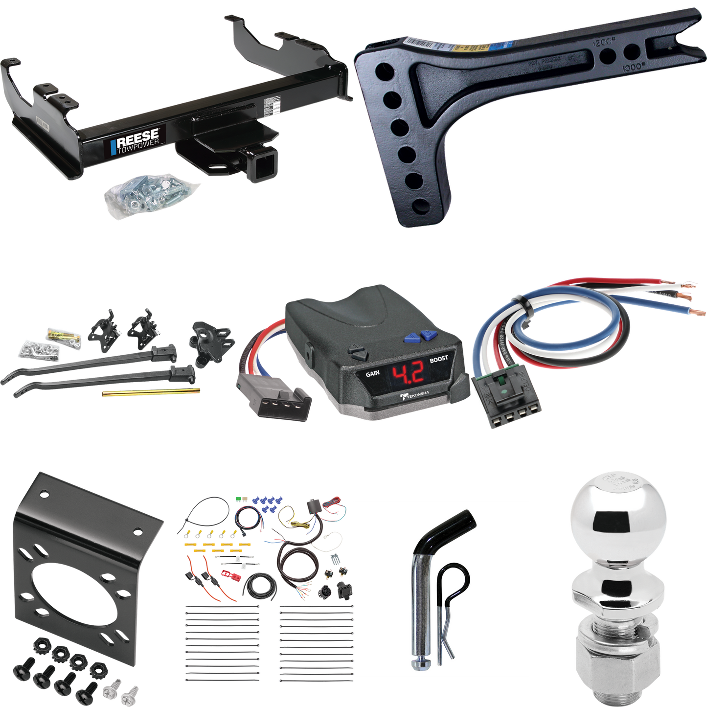 Fits 2007-2014 GMC Sierra 3500 HD Trailer Hitch Tow PKG w/ 15K Trunnion Bar Weight Distribution Hitch + Pin/Clip + 2-5/16" Ball + Tekonsha BRAKE-EVN Brake Control + Generic BC Wiring Adapter + 7-Way RV Wiring (For Cab & Chassis, w/34" Wide Frames Mod