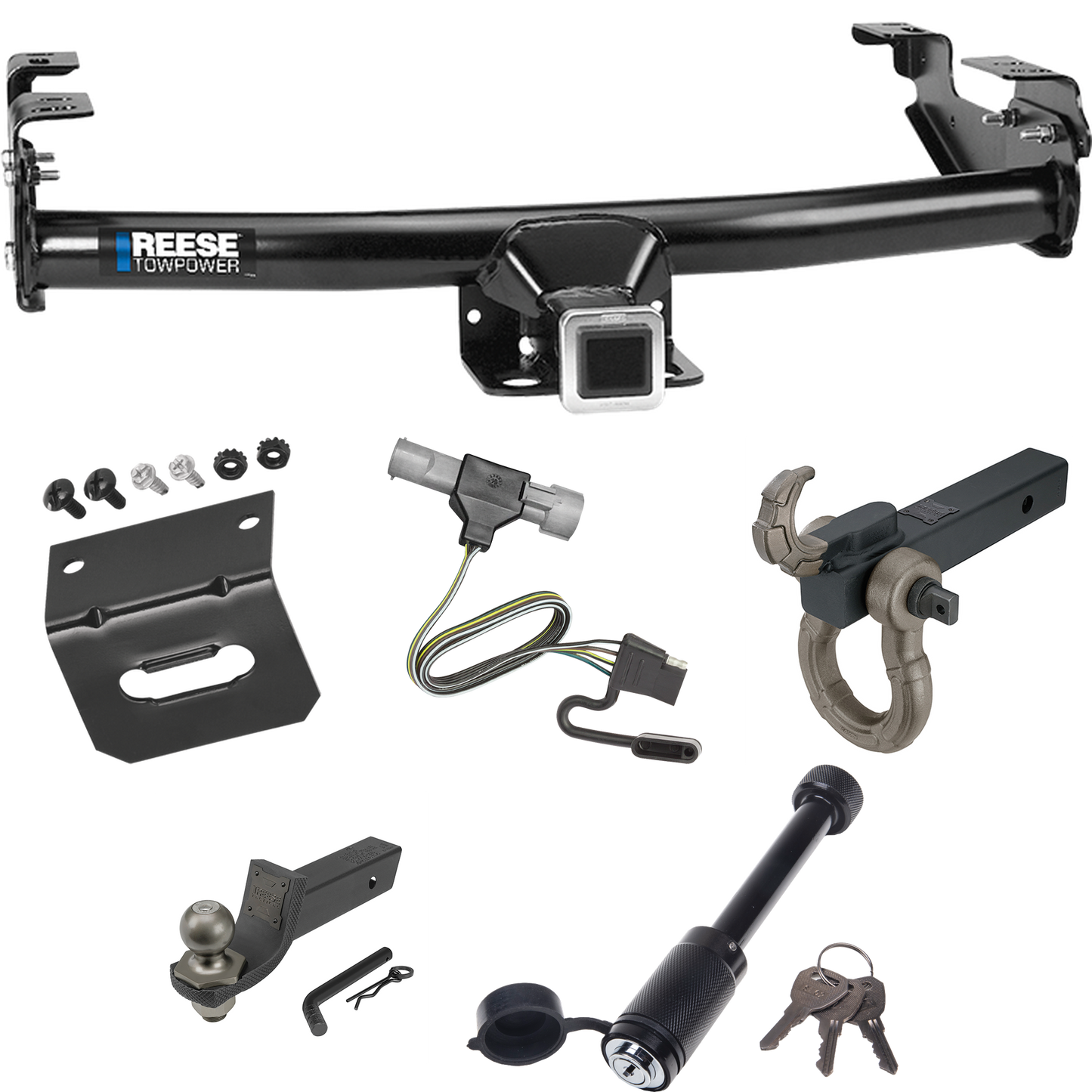 Fits 1987-1996 Ford F-350 Trailer Hitch Tow PKG w/ 4-Flat Wiring + Interlock Tactical Starter Kit w/ 2" Drop & 2" Ball + Tactical Hook & Shackle Mount + Tactical Dogbone Lock + Wiring Bracket By Reese Towpower