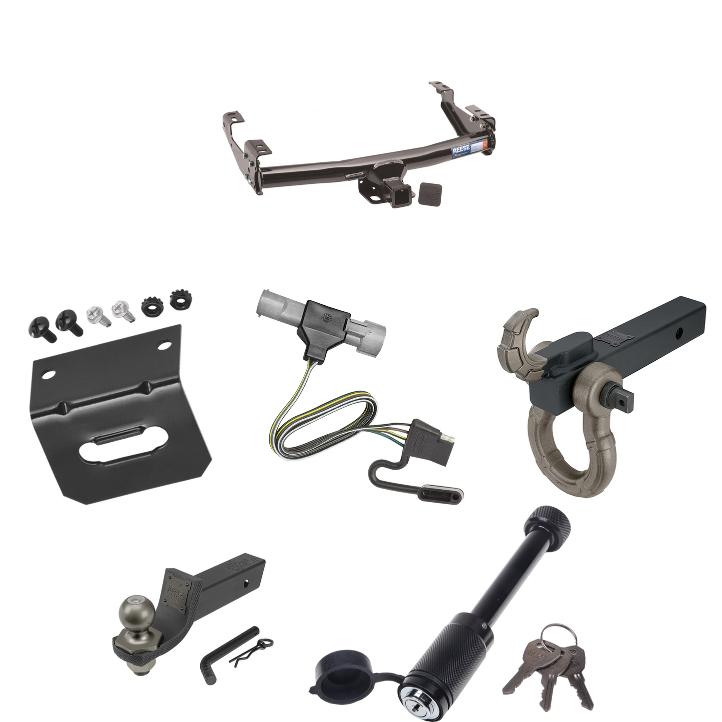 Fits 1987-1996 Ford F-150 Trailer Hitch Tow PKG w/ 4-Flat Wiring + Interlock Tactical Starter Kit w/ 2" Drop & 2" Ball + Tactical Hook & Shackle Mount + Tactical Dogbone Lock + Wiring Bracket By Reese Towpower