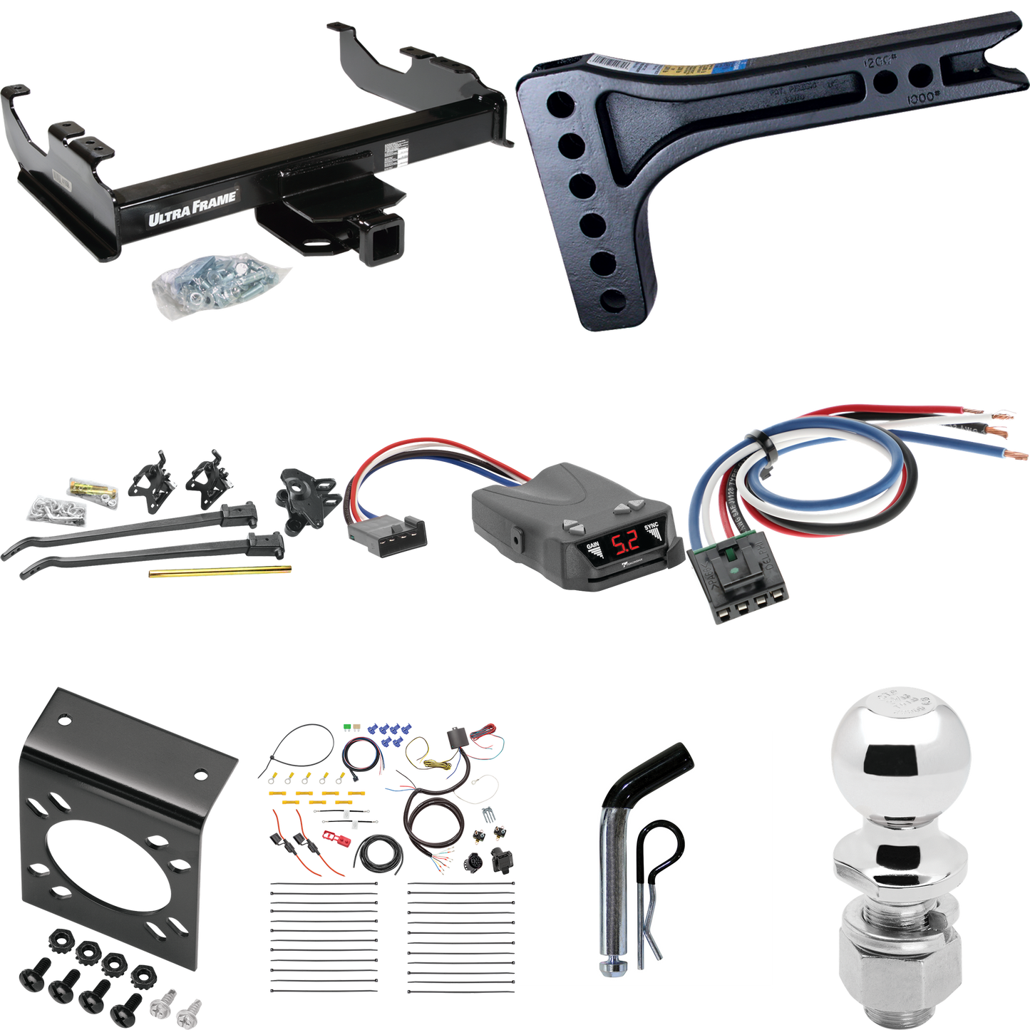 Fits 2007-2014 GMC Sierra 3500 HD Trailer Hitch Tow PKG w/ 15K Trunnion Bar Weight Distribution Hitch + Pin/Clip + 2-5/16" Ball + Tekonsha Brakeman IV Brake Control + Generic BC Wiring Adapter + 7-Way RV Wiring (For Cab & Chassis, w/34" Wide Frames M